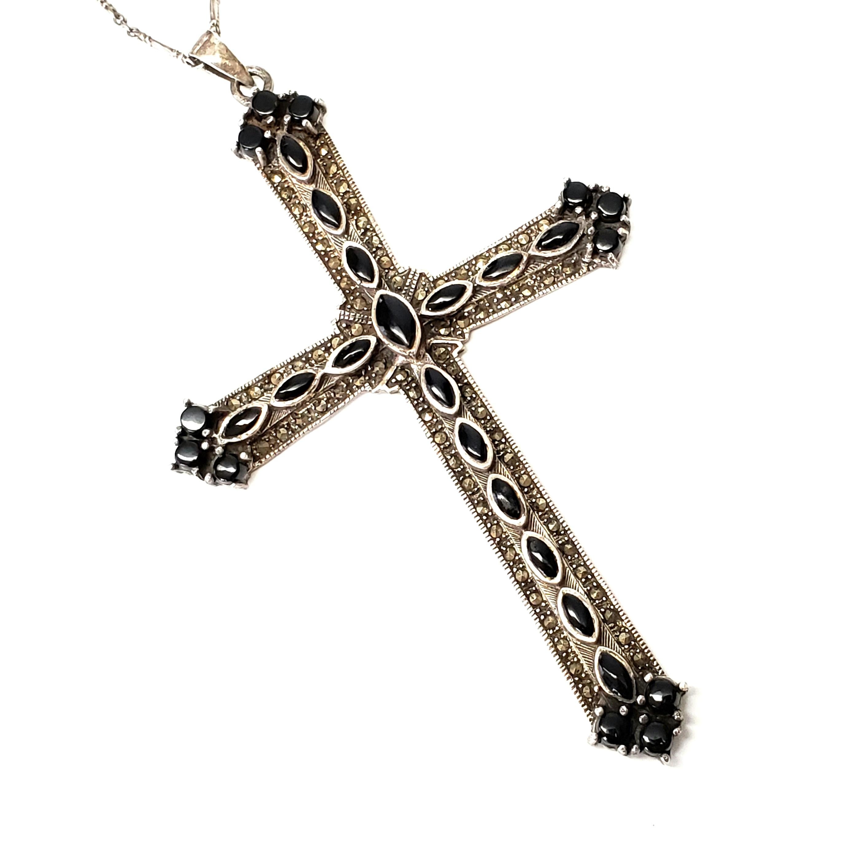 Round Cut Sterling Silver Onyx Marcasite Cross Pendant with Chain