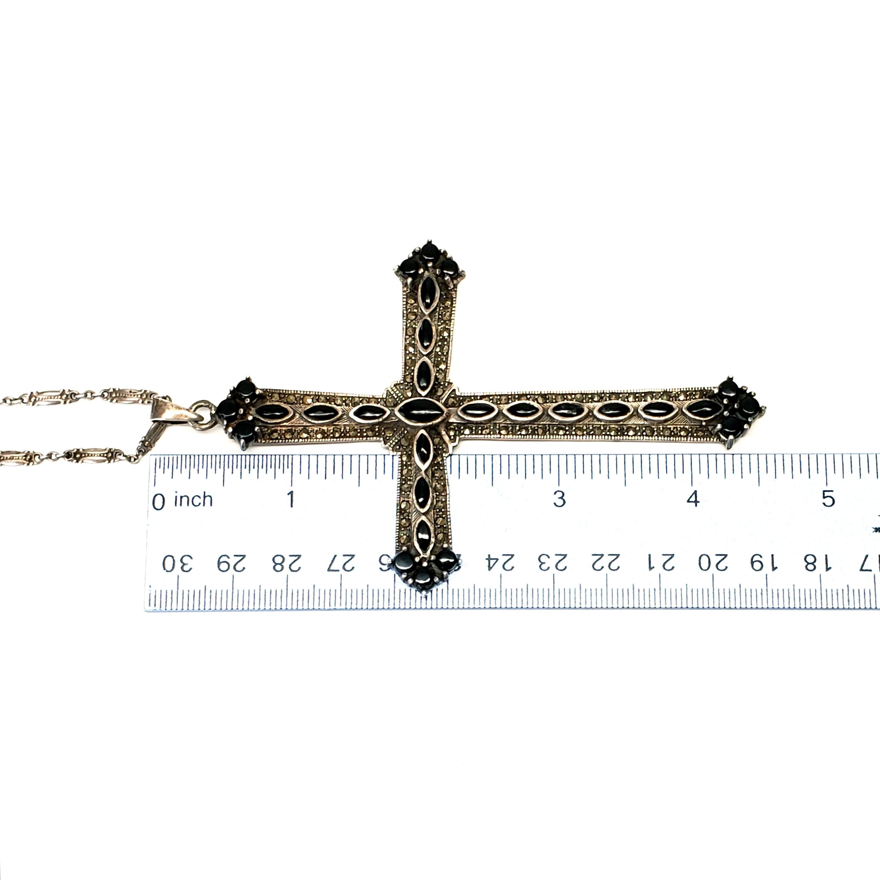 Sterling Silver Onyx Marcasite Cross Pendant with Chain 2