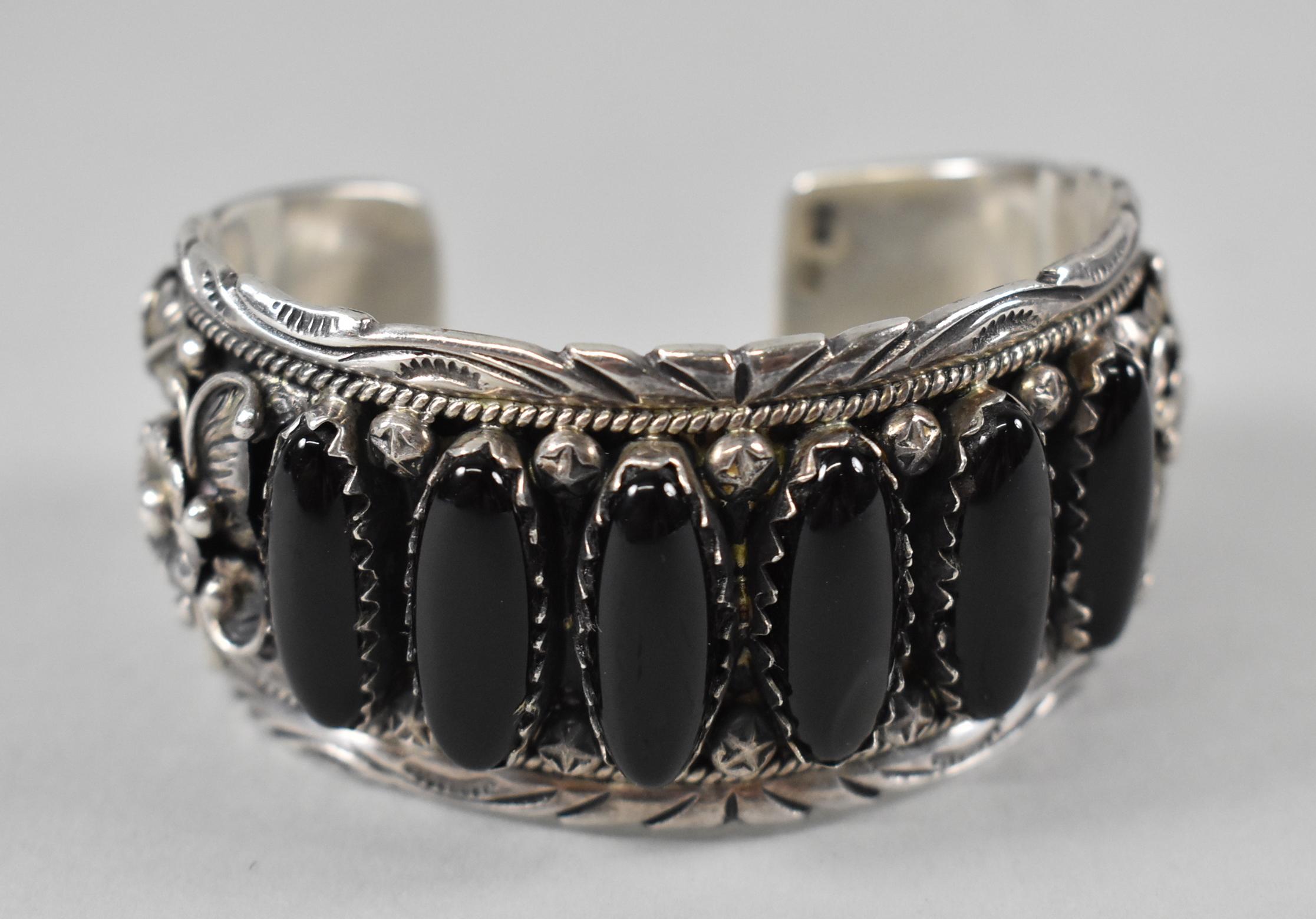 Native American Sterling Silver & Onyx Navajo Cuff Bracelet Marked P. R