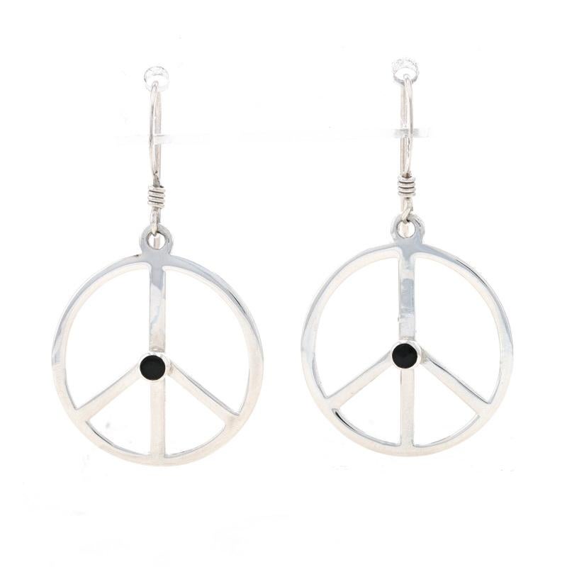 Metal Content: 925 Sterling Silver

Stone Information

Natural Onyx
Color: Black

Style: Dangle 
Fastening Type: Fishhook Closures
Theme: Peace Sign, Symbol 
Features:  Open Cut Design

Measurements

Tall: 1 13/32