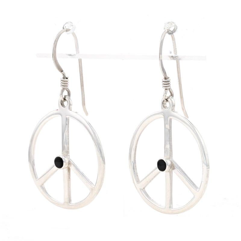 Round Cut Sterling Silver Onyx Peace Sign Dangle Earrings - 925 Symbol Pierced For Sale