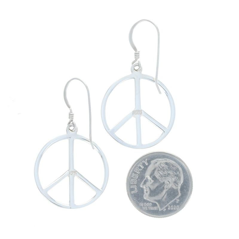 Sterling Silver Onyx Peace Sign Dangle Earrings - 925 Symbol Pierced In Excellent Condition For Sale In Greensboro, NC