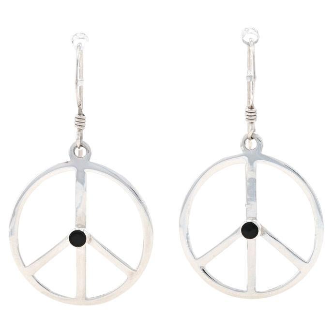 Sterling Silver Onyx Peace Sign Dangle Earrings - 925 Symbol Pierced For Sale