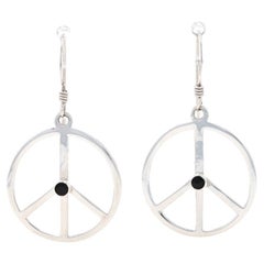 Sterling Silver Onyx Peace Sign Dangle Earrings - 925 Symbol Pierced