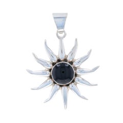 Sterling Silver Onyx Sun Solitaire Pendant - 925 Round Cabochon