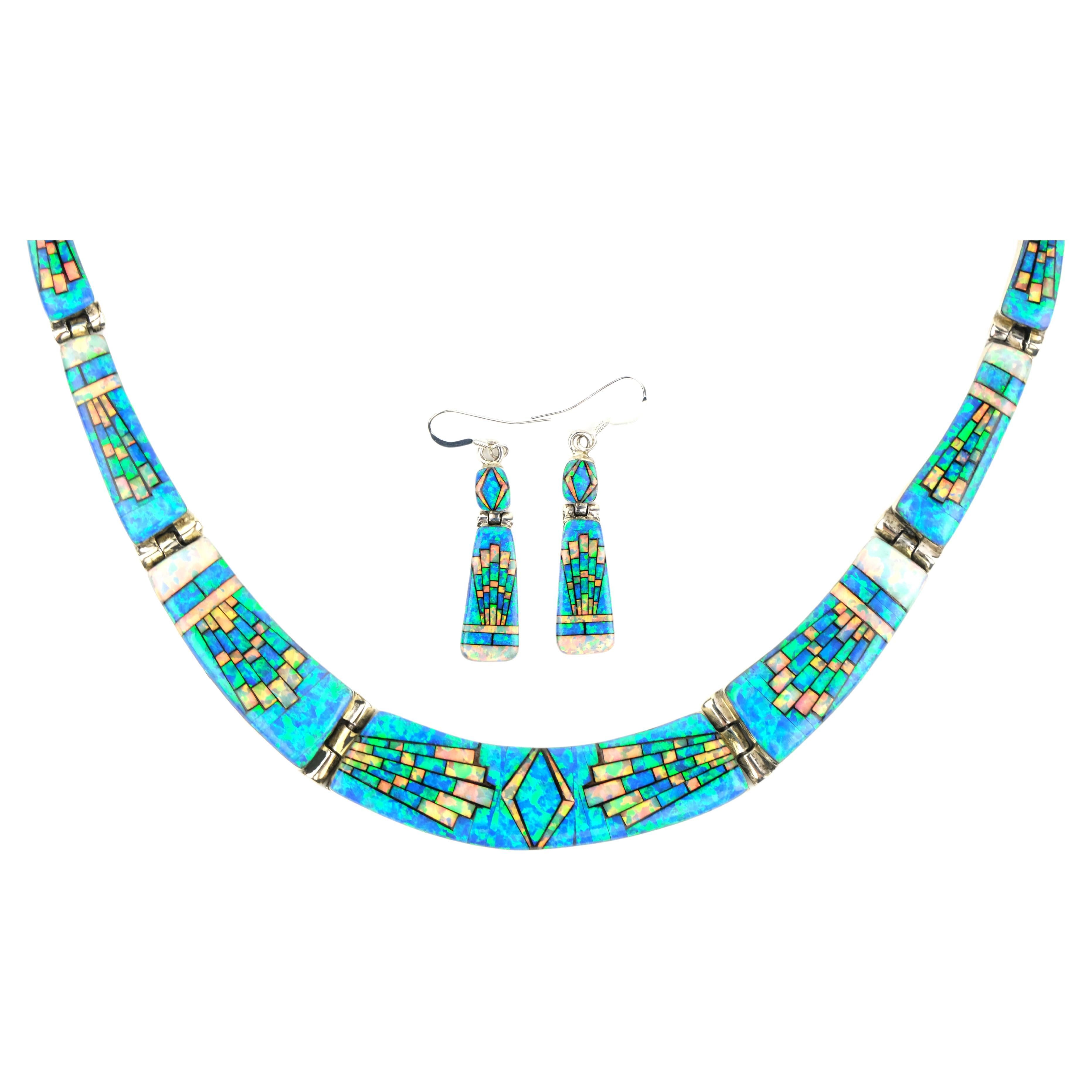 Sterling Silver Opal Inlay Graduated Collar Necklace and Dangle Earrings For Sale