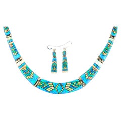 Sterling Silver Opal Inlay Graduated Collar Necklace and Dangle Earrings
