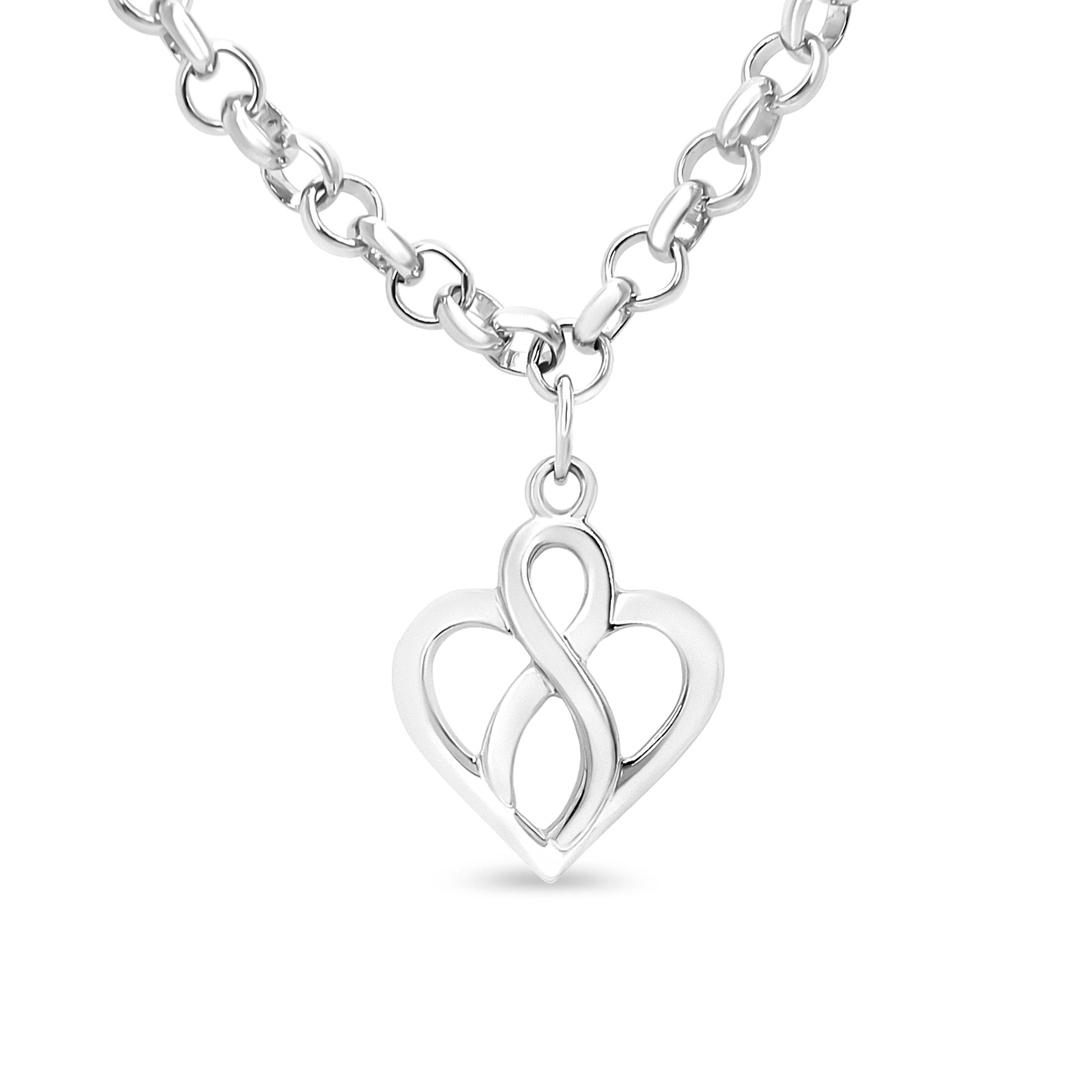 Contemporary Sterling Silver Open Heart with Center Vertical Infinity Chain Charm Bracelet For Sale