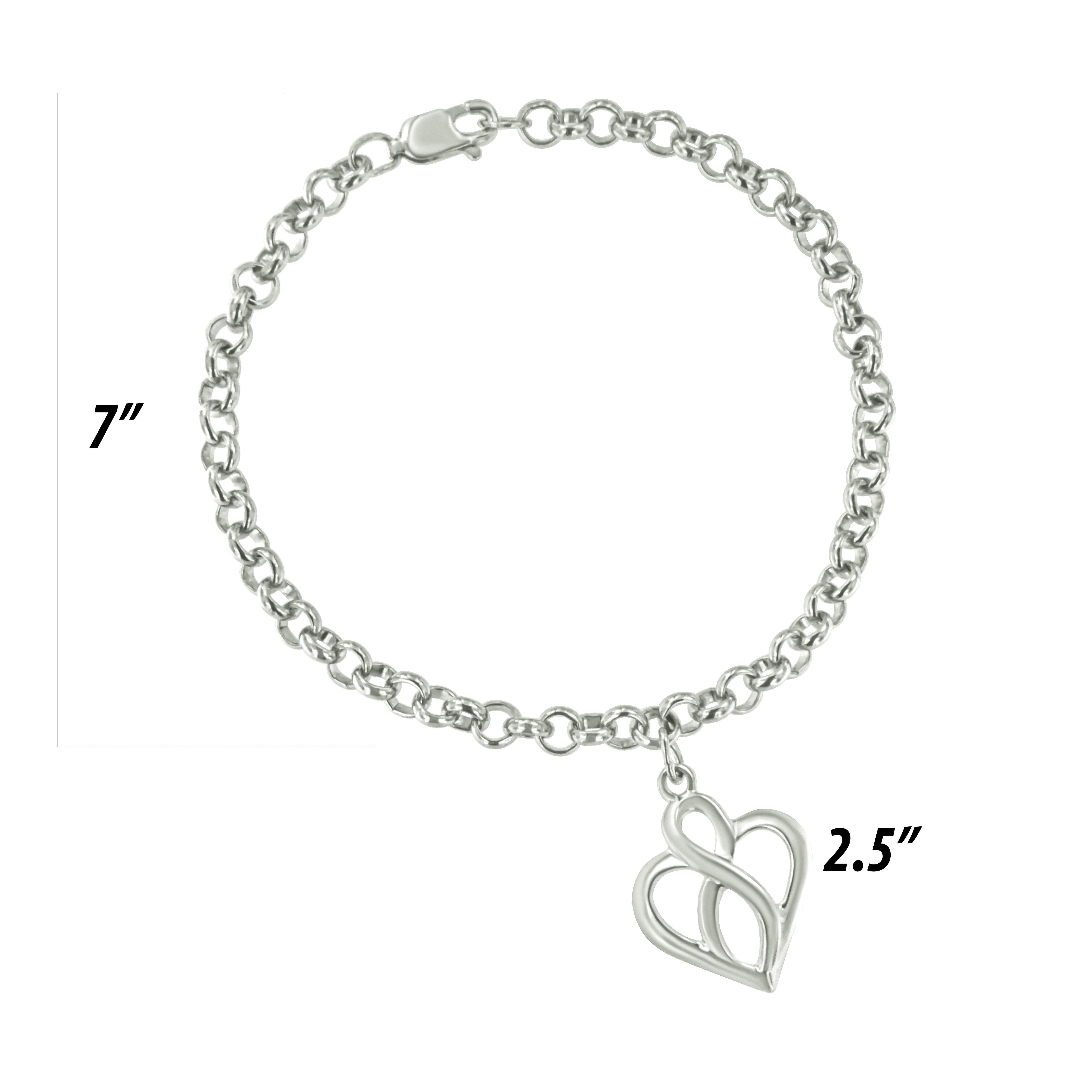 Women's Sterling Silver Open Heart with Center Vertical Infinity Chain Charm Bracelet For Sale