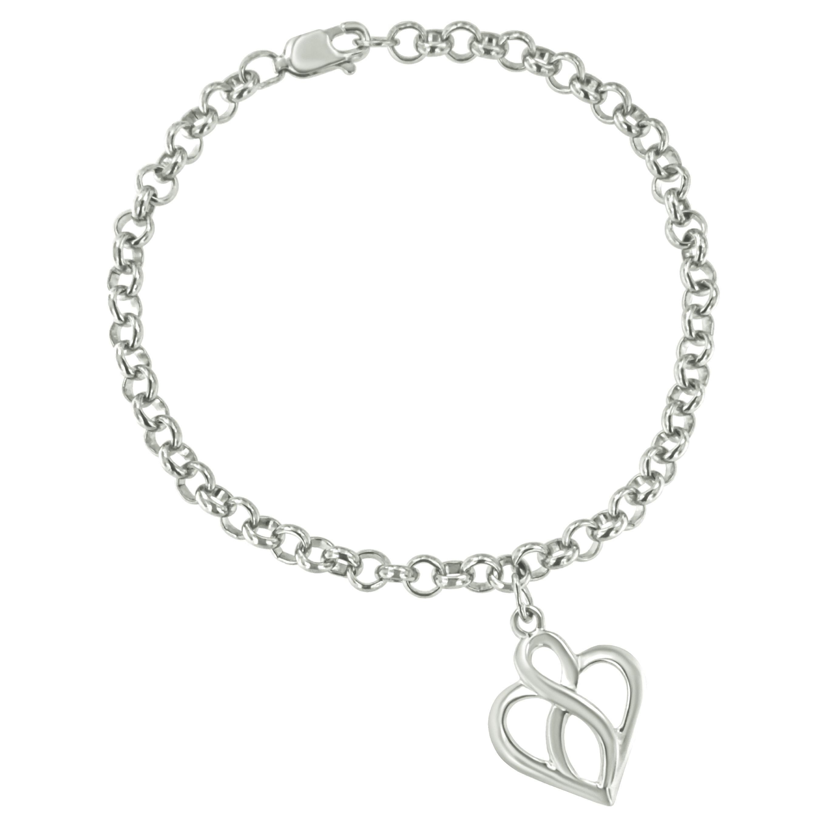 Sterling Silver Open Heart with Center Vertical Infinity Chain Charm Bracelet For Sale