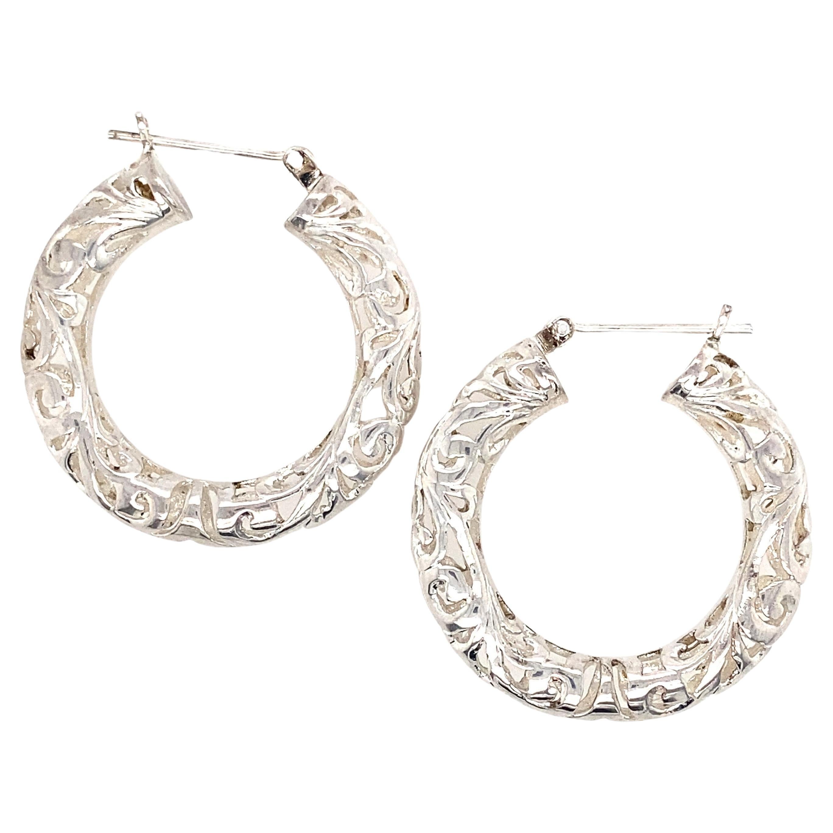 Sterling Silver Openwork Hoops 1.25" For Sale