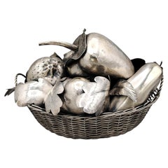 Sterling silver ornamental basket with various vegetables