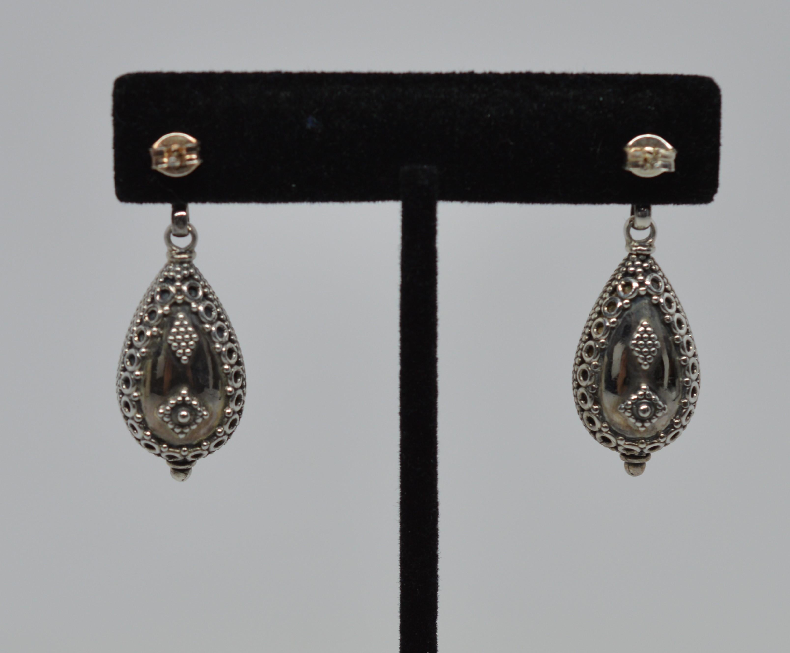 Sterling Silver Ornate Tear Drop Puff Charm Dangle Earrings  In Good Condition In Mount Kisco, NY