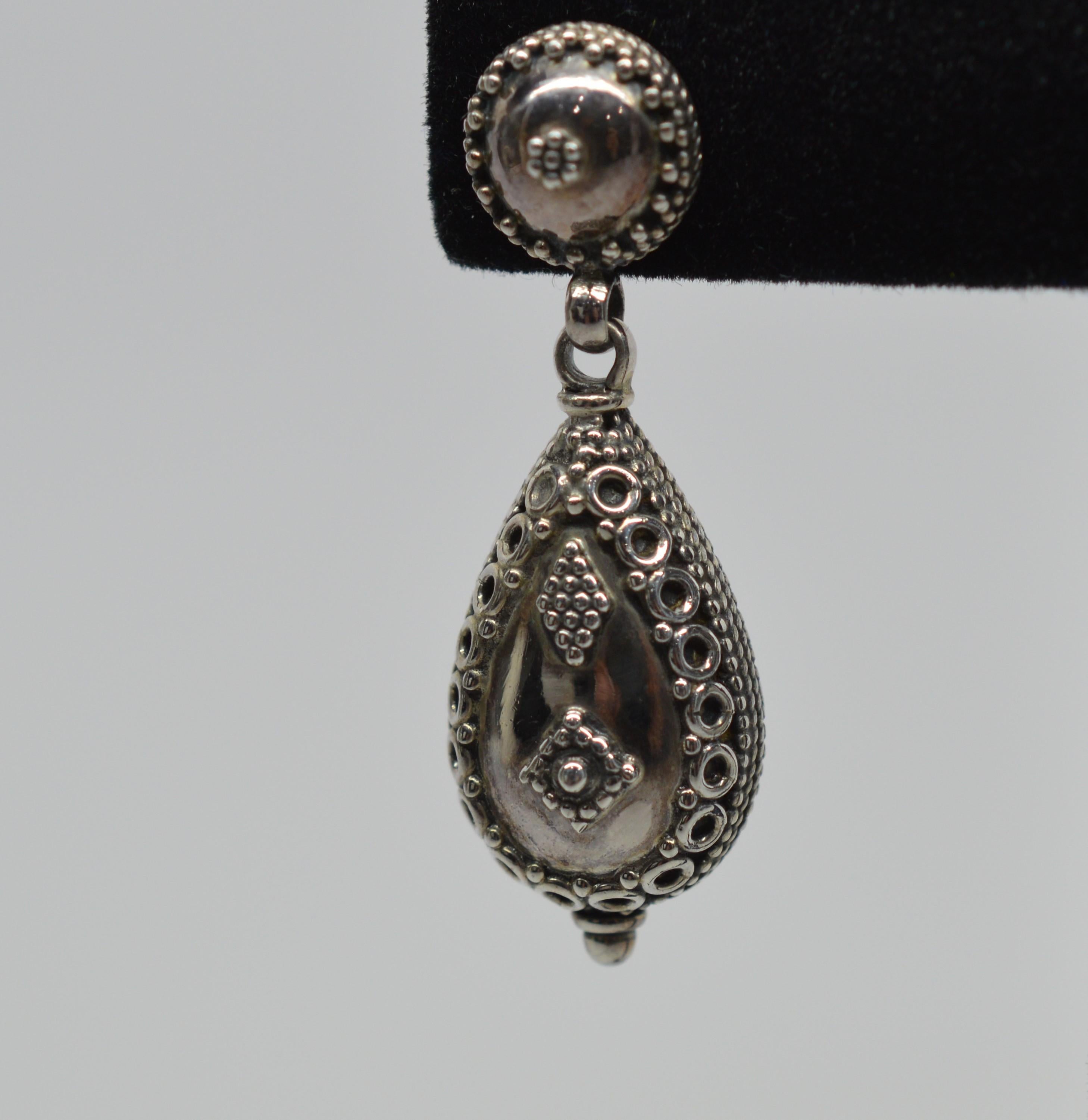 Women's Sterling Silver Ornate Tear Drop Puff Charm Dangle Earrings 