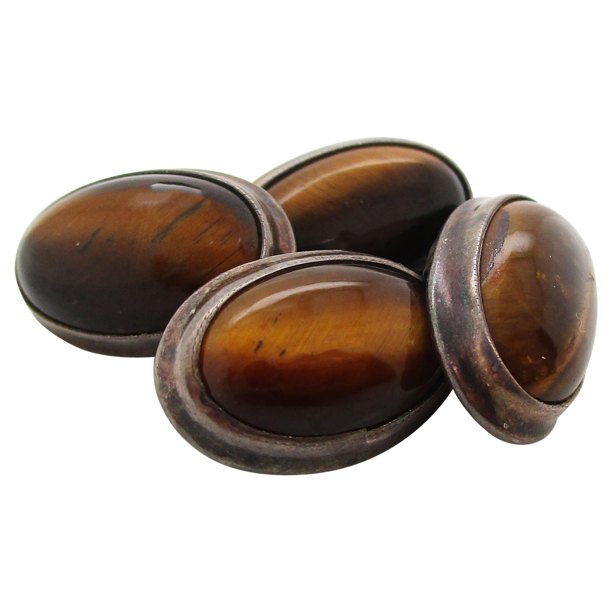 Sterling Silver Oval Cat’s Eye Tiger’s Eye Cufflinks For Sale