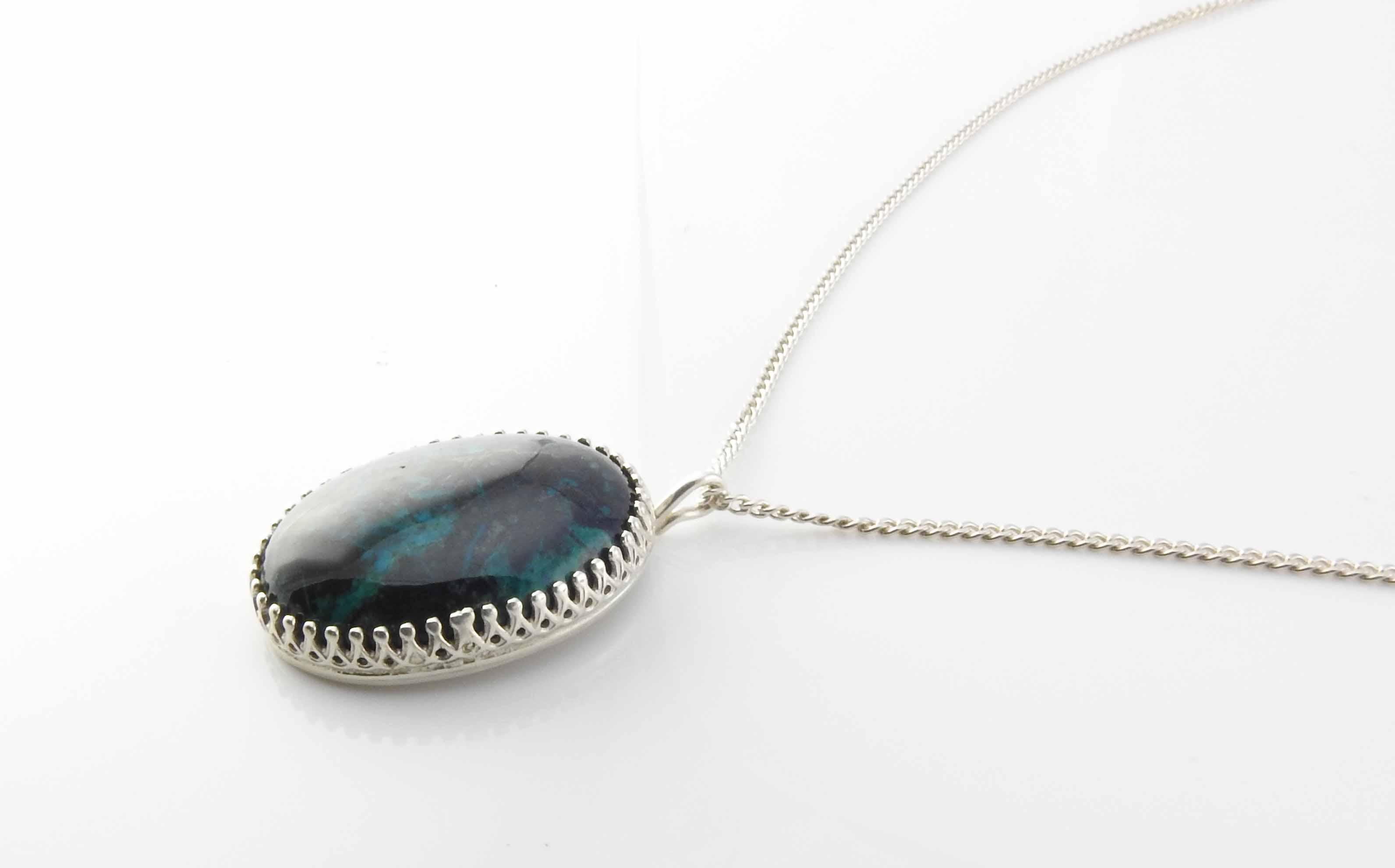 Sterling Silver Oval Chrysocolla Pendant Necklace In Good Condition For Sale In Washington Depot, CT