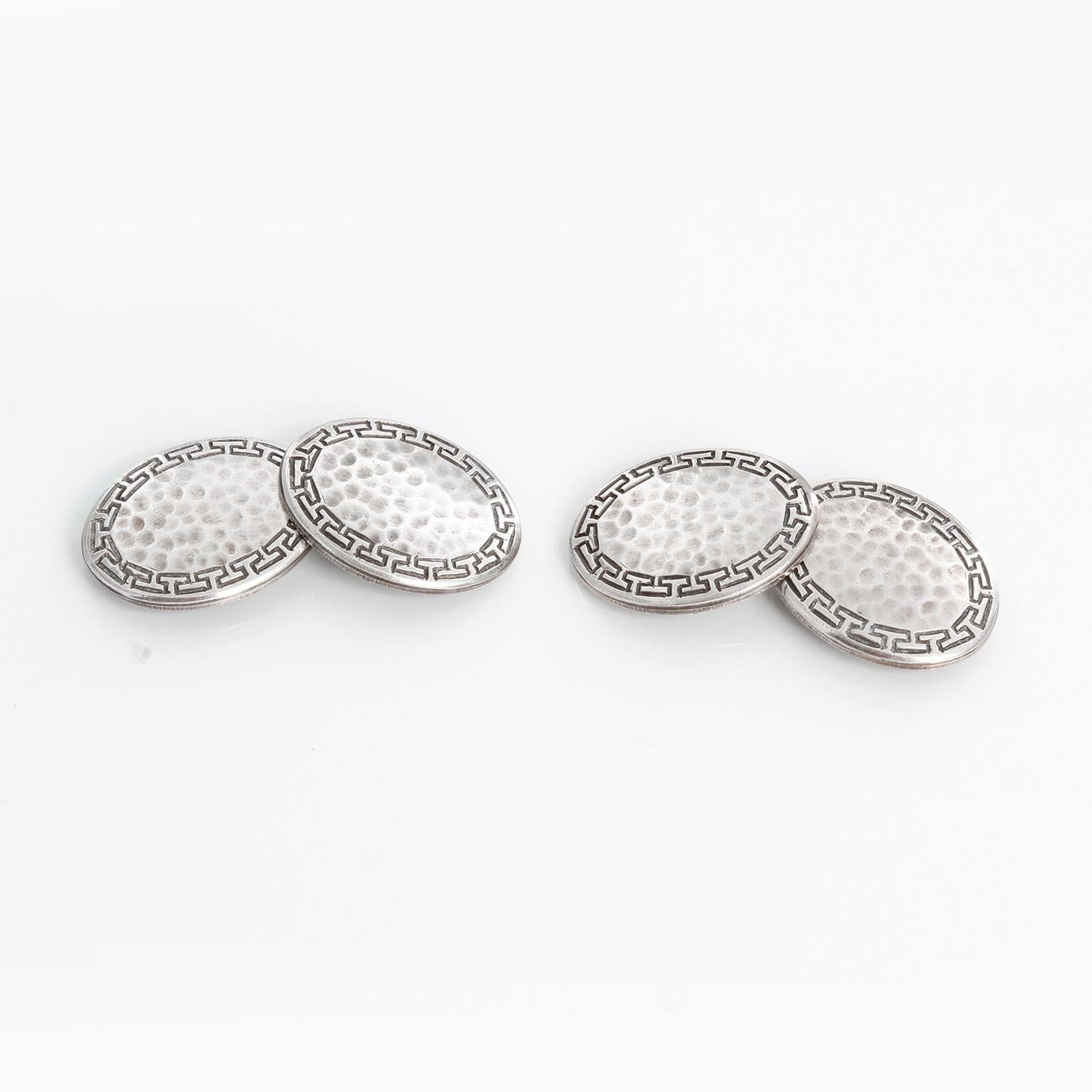 Sterling Silver Oval Cufflinks - Sterling silver oval links with black accents. Diameter 16 mm. Pre-owned with custom box. .