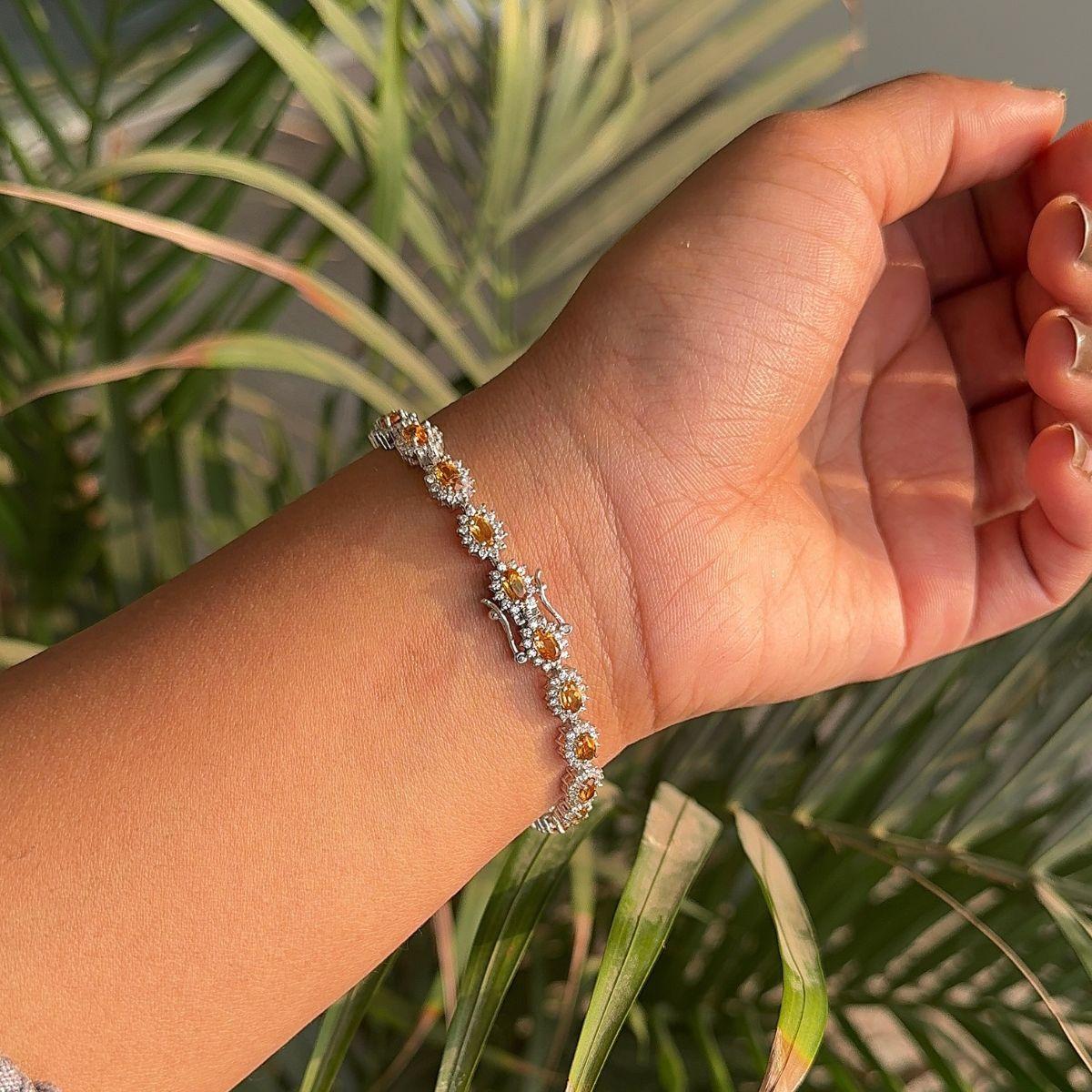 Women's Sterling Silver Oval Cut Natural Citrine with CZ Classic Tennis Bracelet for Her For Sale