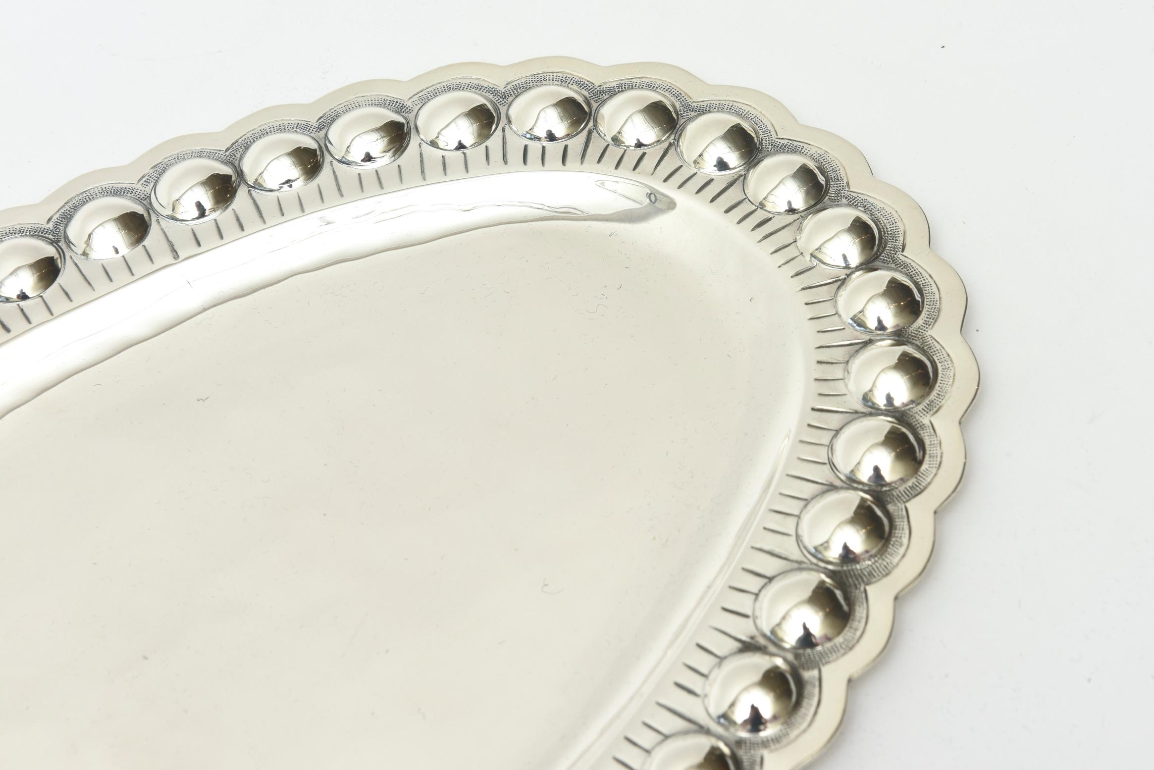 Mexican Sterling Silver Oval Platter or Tray With Balls, Barware Mid-Century Modern