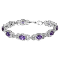 Sterling Silver Oval Purple Amethyst and Diamond Interlocking Halo Link Bracelet
