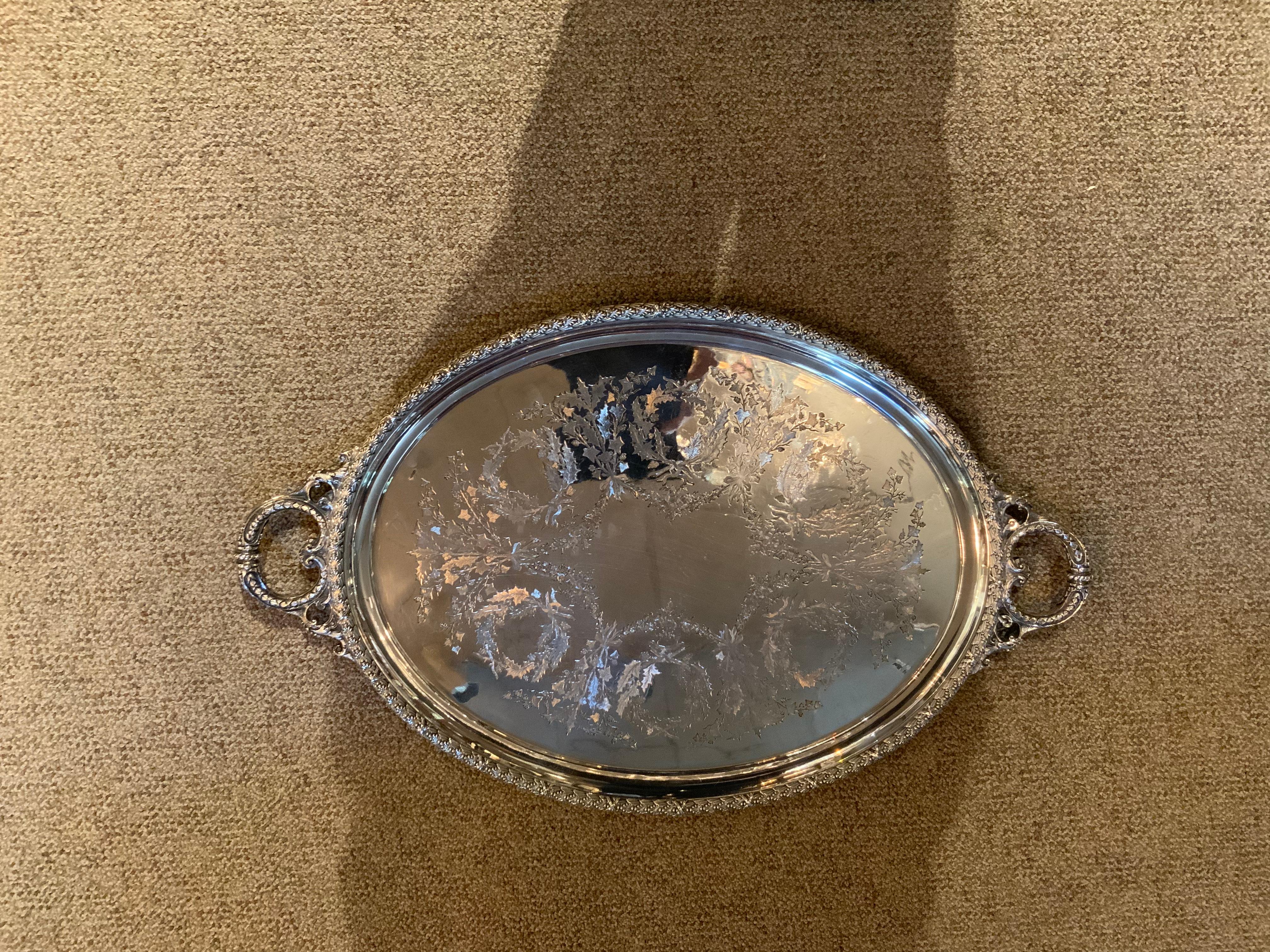 Northern Irish Sterling Silver Oval Serving Tray Engraved Wreaths of Holly C 1860 For Sale