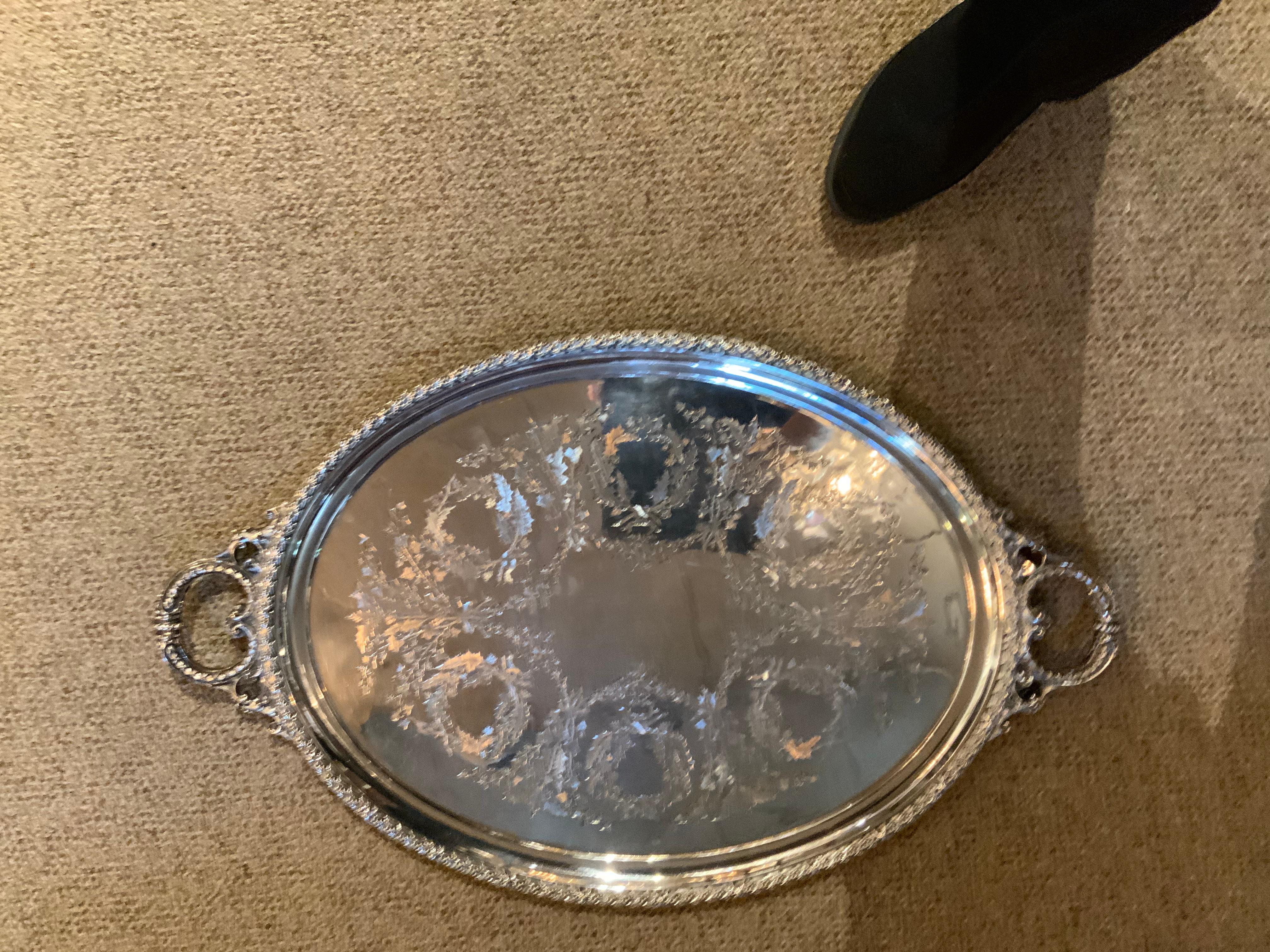 Sterling Silver Oval Serving Tray Engraved Wreaths of Holly C 1860 In Good Condition For Sale In Houston, TX