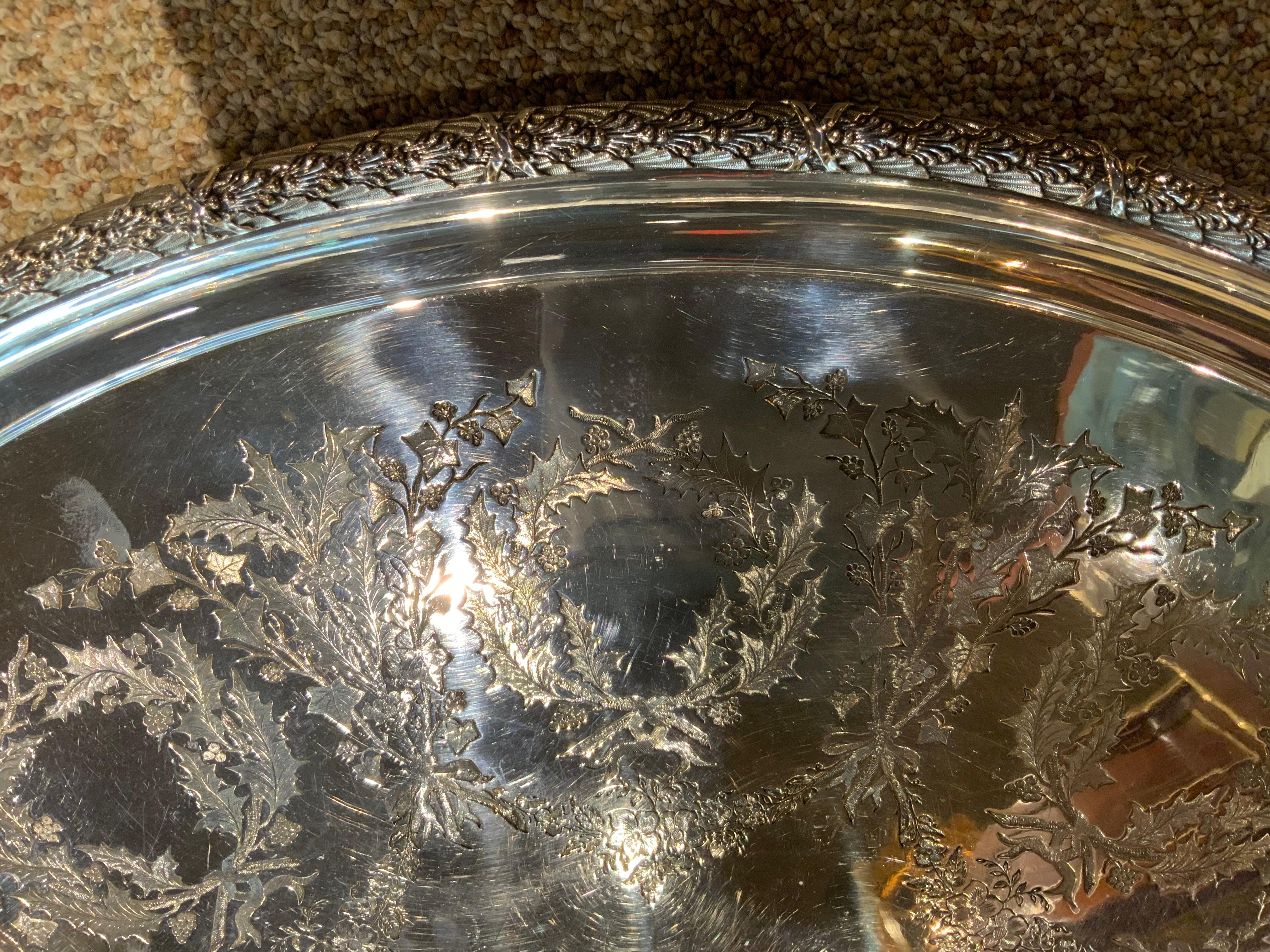 Sterling Silver Oval Serving Tray Engraved Wreaths of Holly C 1860 For Sale 1