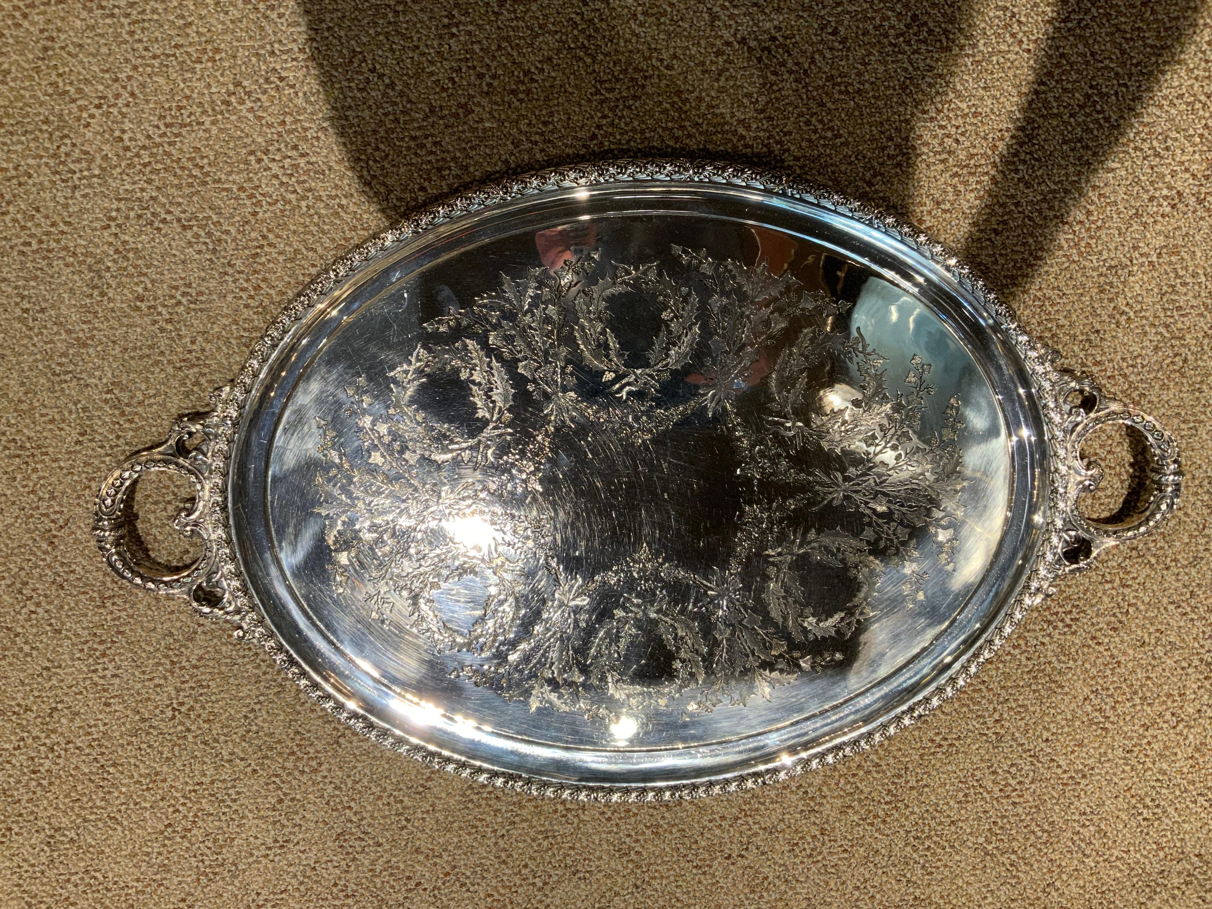 Sterling Silver Oval Serving Tray Engraved Wreaths of Holly C 1860 For Sale 2
