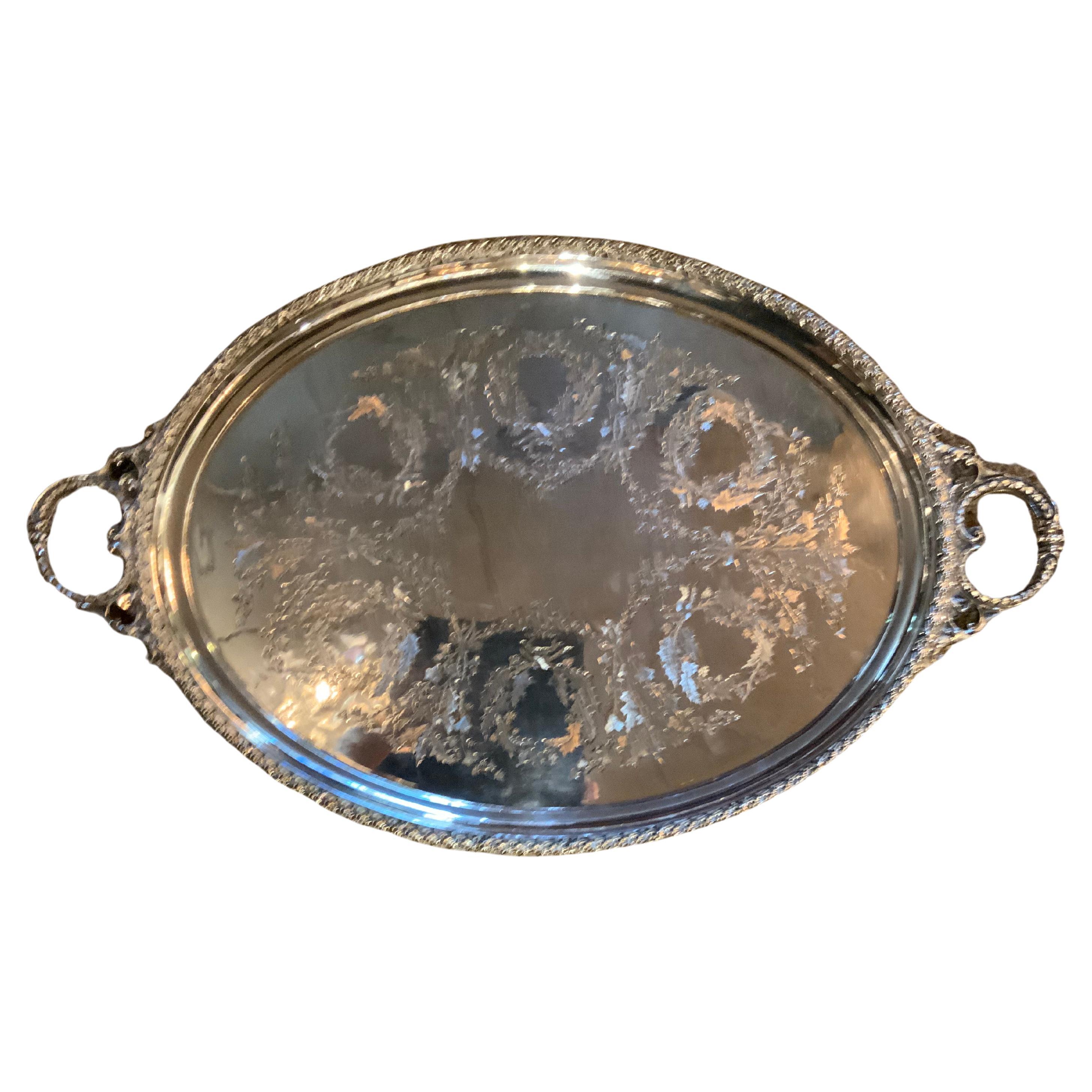 Sterling Silver Oval Serving Tray Engraved Wreaths of Holly C 1860 For Sale