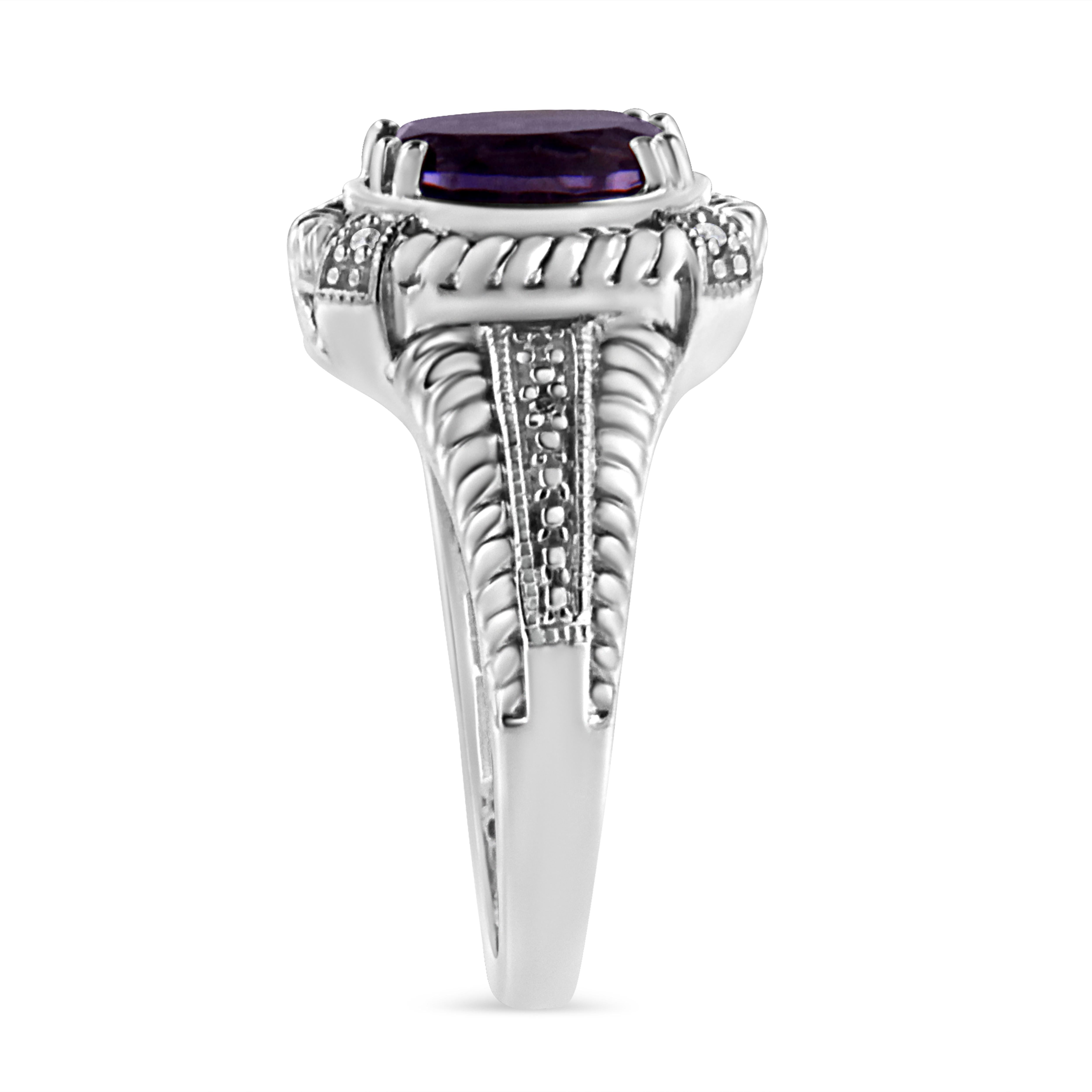 Women's Sterling Silver Oval Shape Purple Amethyst Solitaire and Diamond Accent Ring For Sale