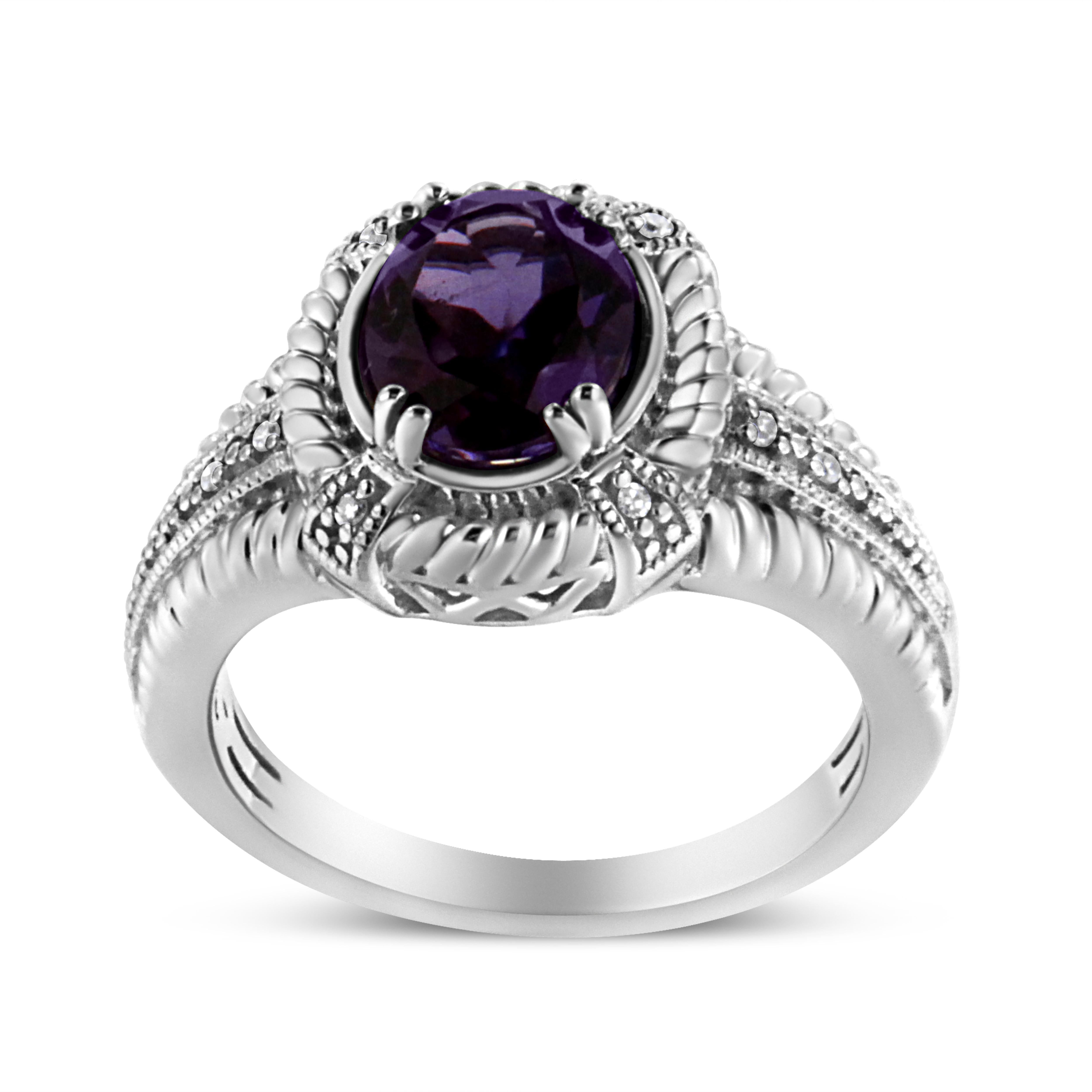 Anillo de plata de ley con solitario de amatista púrpura de forma ovalada y acento de diamante en venta 1