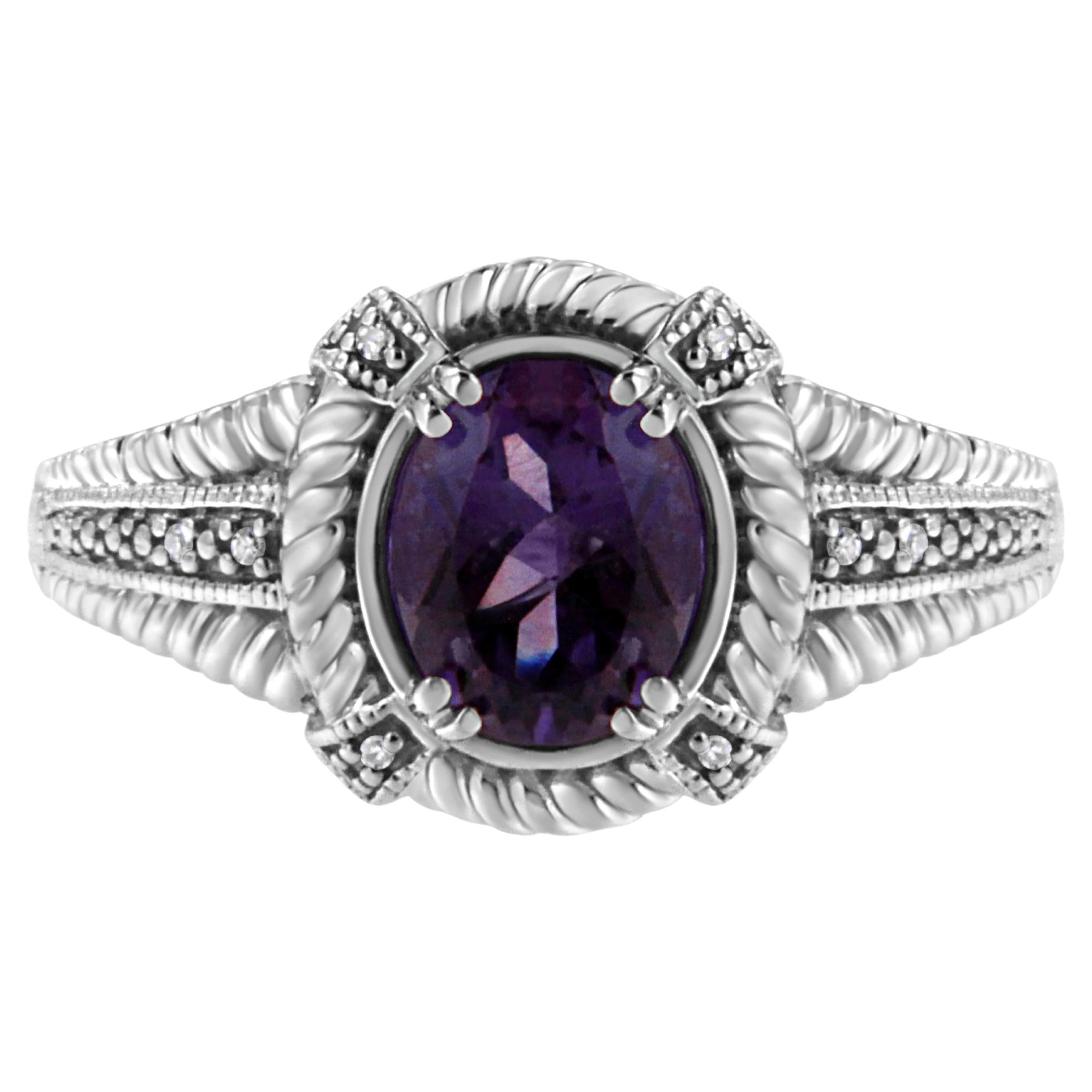 Sterling Silver Oval Shape Purple Amethyst Solitaire and Diamond Accent Ring