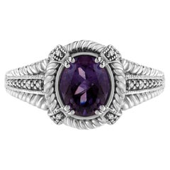 Sterling Silver Oval Shape Purple Amethyst Solitaire and Diamond Accent Ring