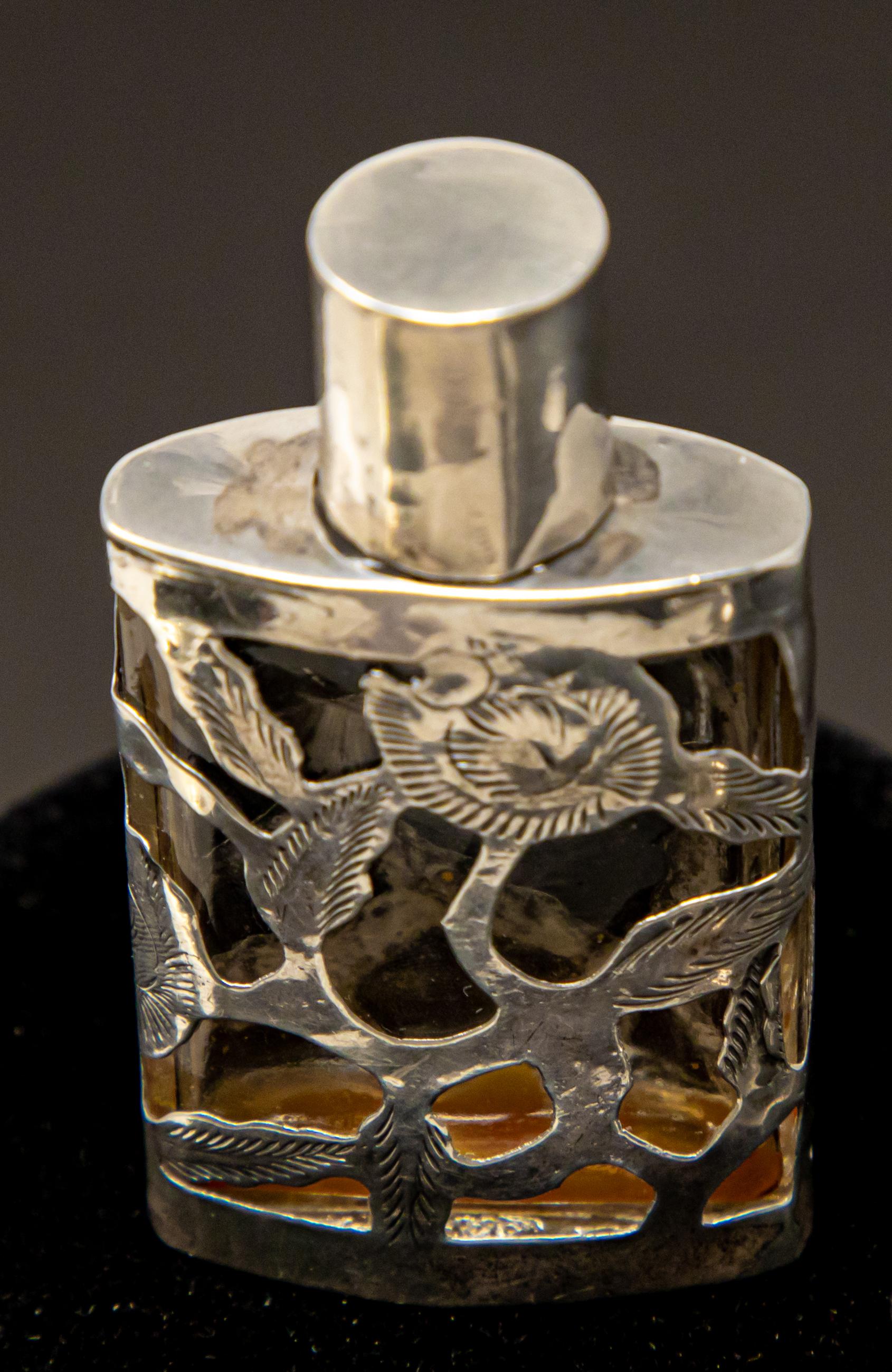 Art Nouveau Sterling Silver over Glass Perfume Bottle For Sale