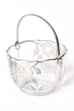 Sterling Silver Overlay Glass Fruit and Flower Basket Bowl Ice Bucket