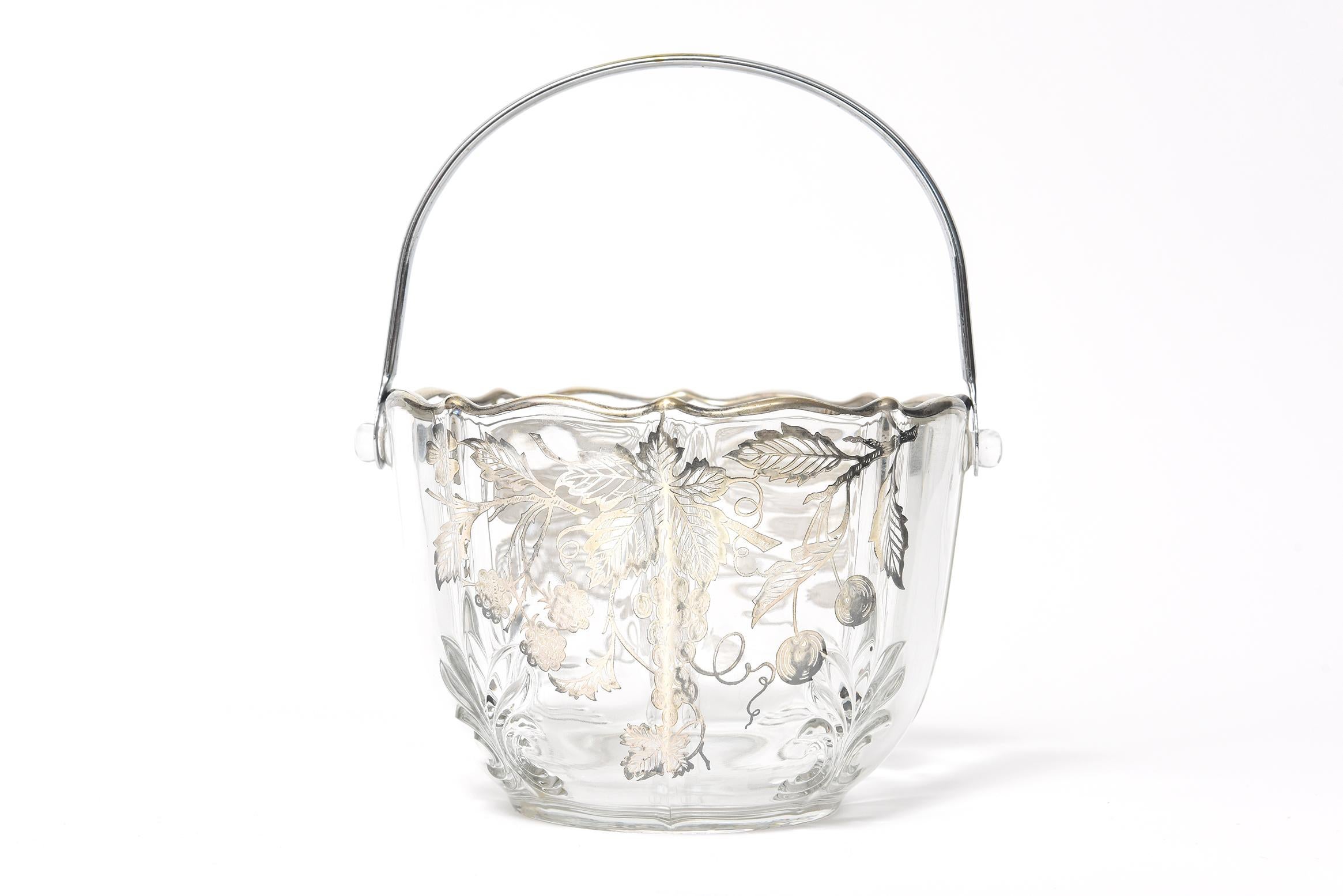 Sterling Silver Overlay Glass Fruit and Flower Basket Bowl Ice Bucket In Good Condition For Sale In Miami Beach, FL