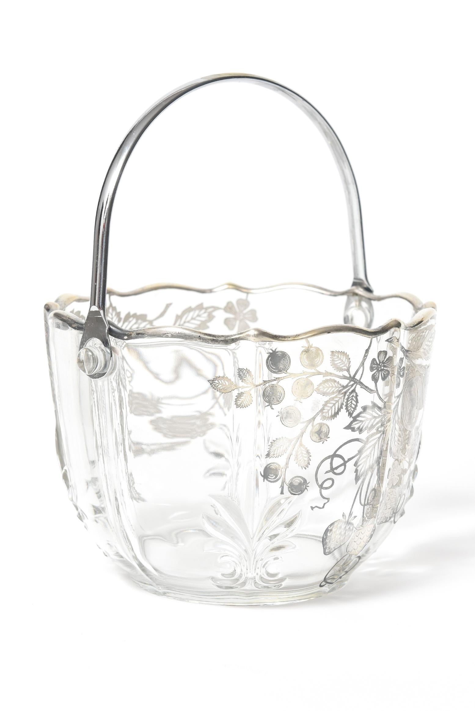 Sterling Silver Overlay Glass Fruit and Flower Basket Bowl Ice Bucket For Sale 2