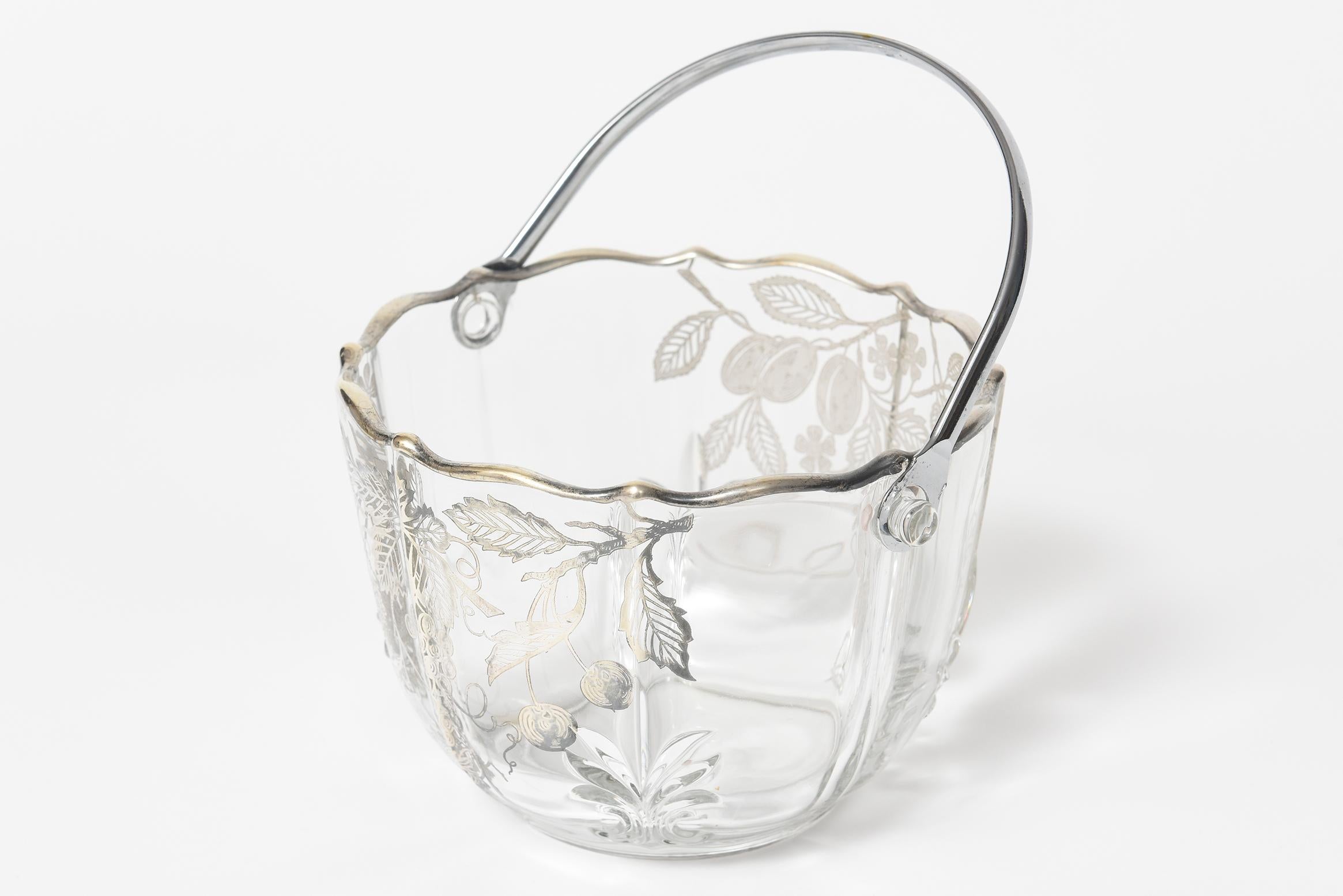 Sterling Silver Overlay Glass Fruit and Flower Basket Bowl Ice Bucket For Sale 3