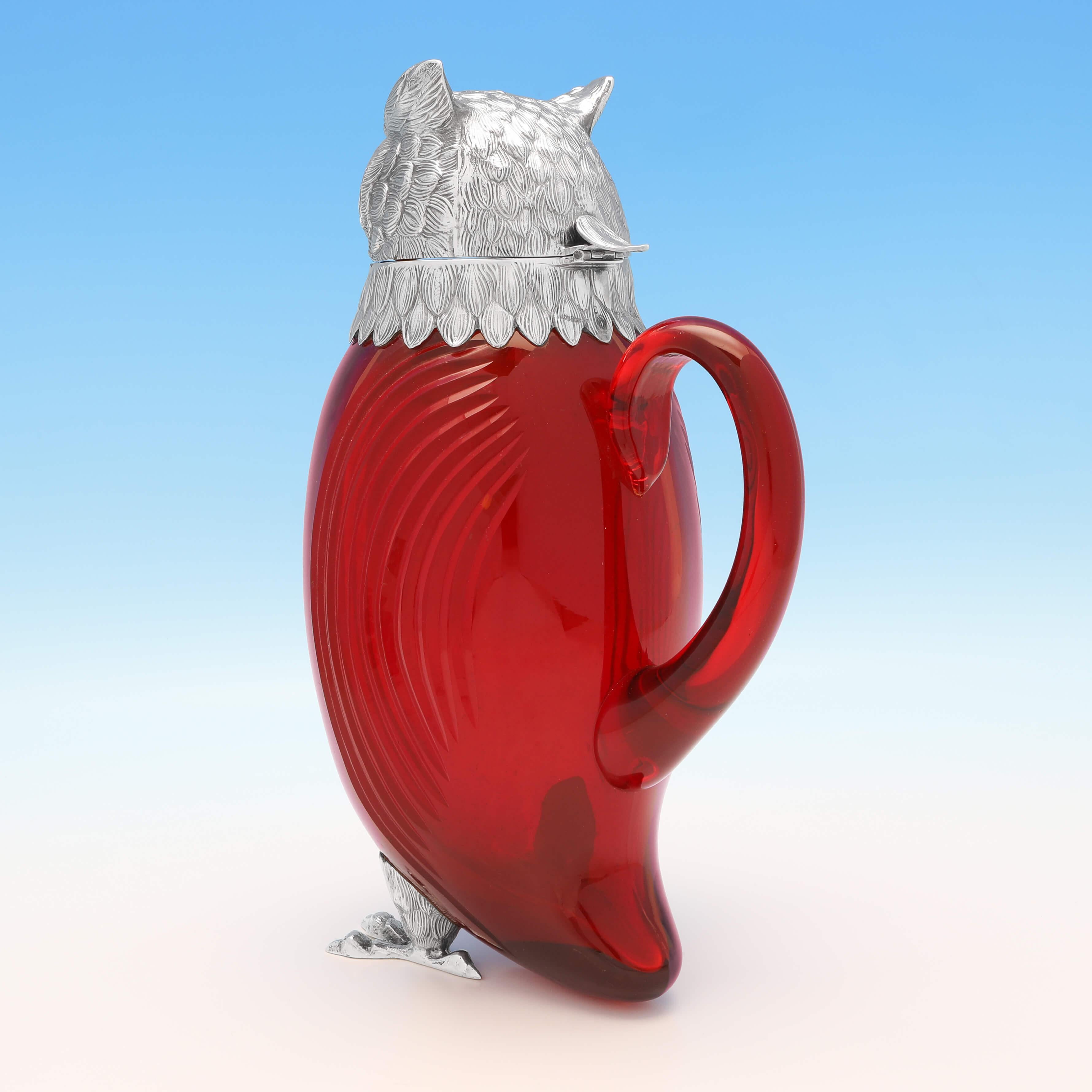 English Novelty Red Glass and Sterling Silver Owl Claret Jug from London, 1972