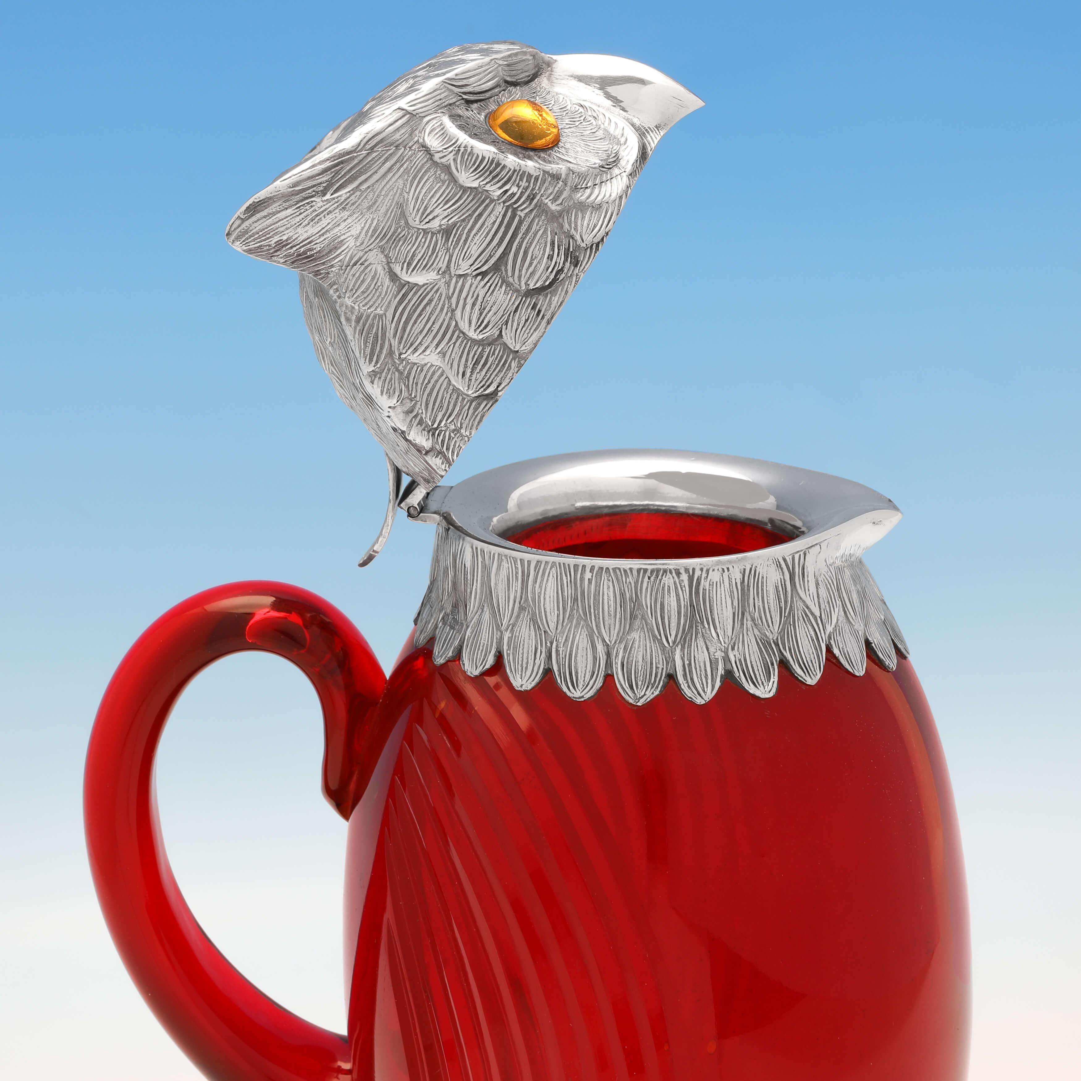 Late 20th Century Novelty Red Glass and Sterling Silver Owl Claret Jug from London, 1972