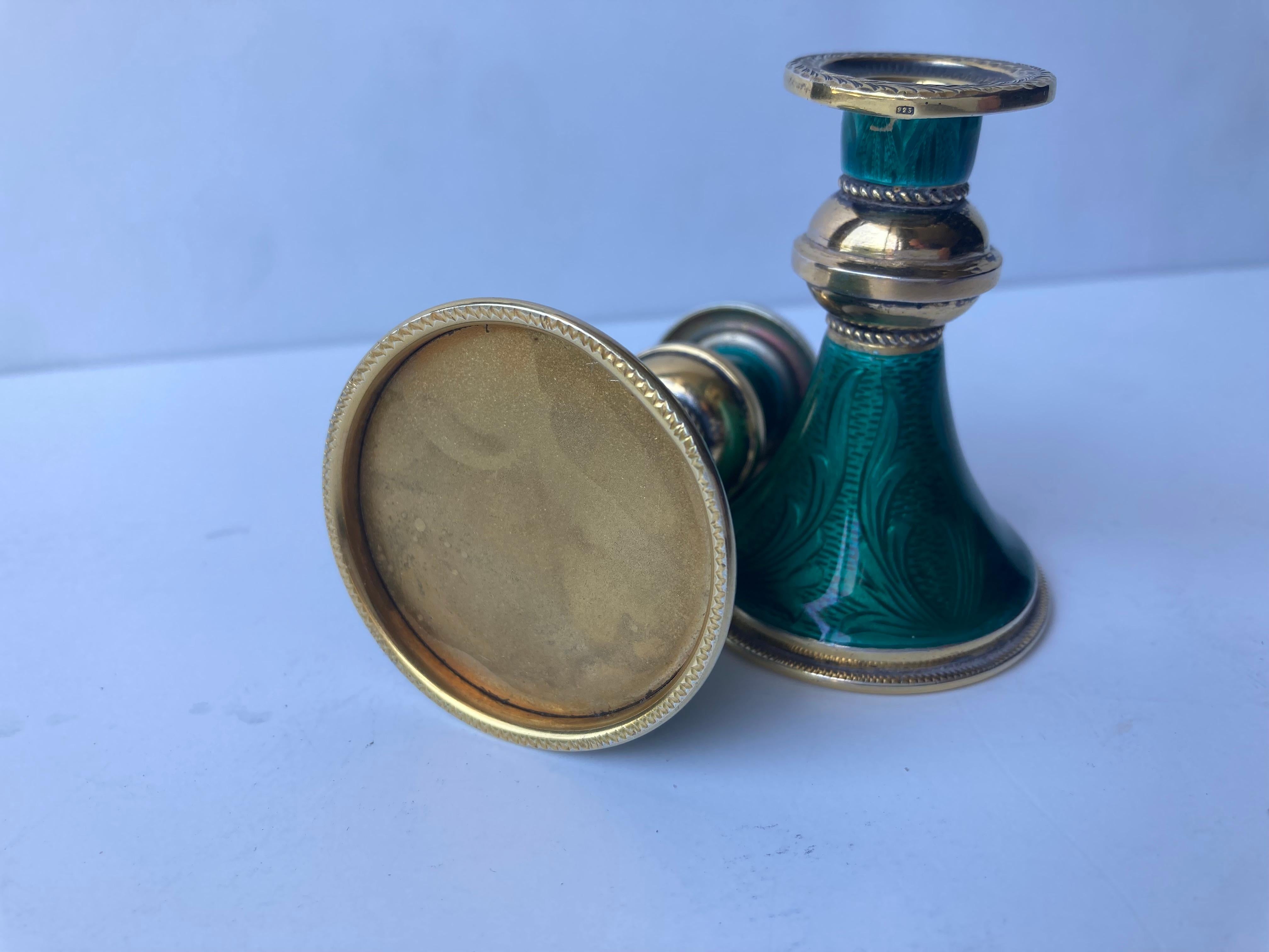 Post-Modern Sterling silver pair gilded and enamel green guilloche candlesticks marked 925. For Sale