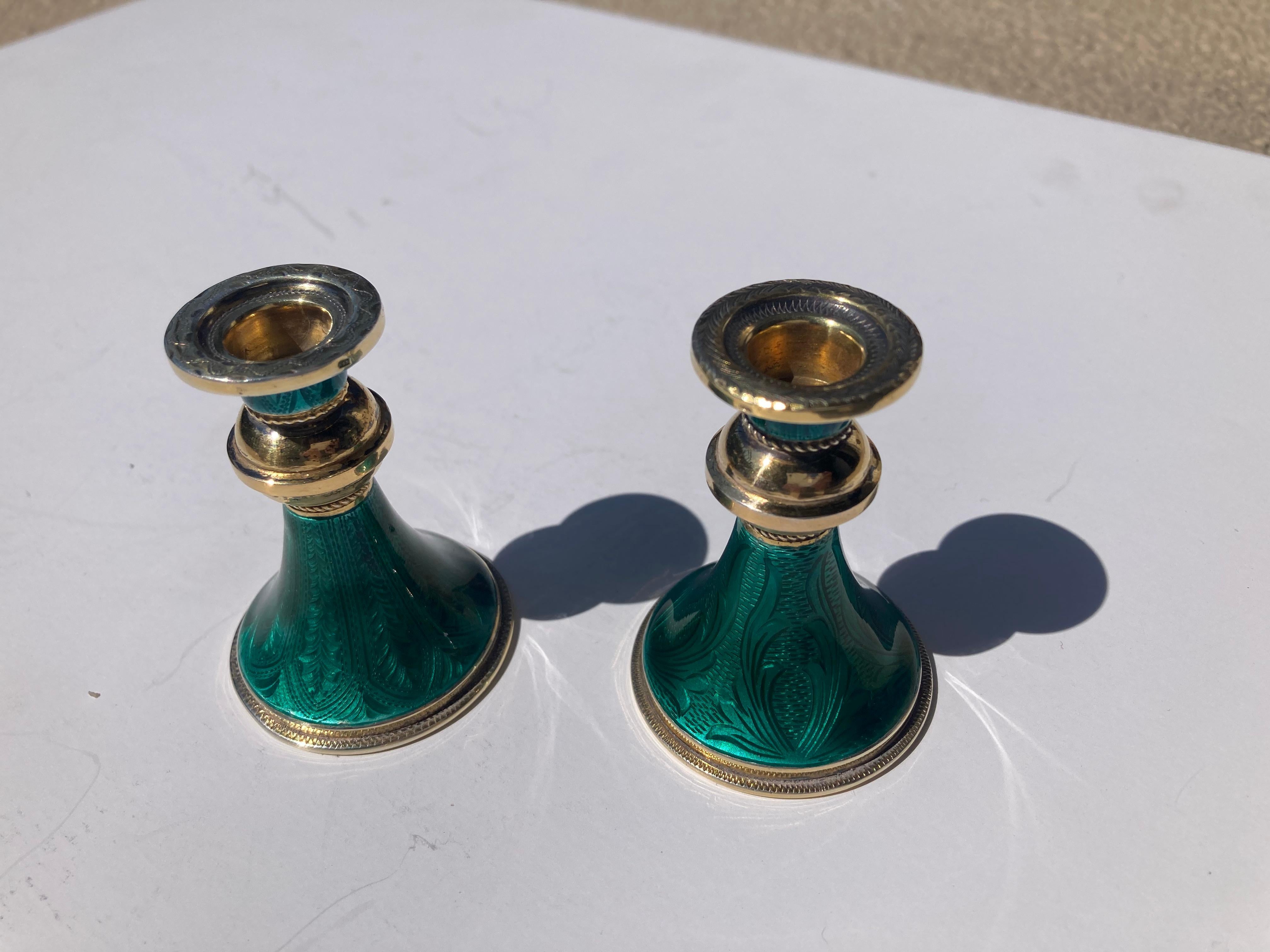 Unknown Sterling silver pair gilded and enamel green guilloche candlesticks marked 925. For Sale