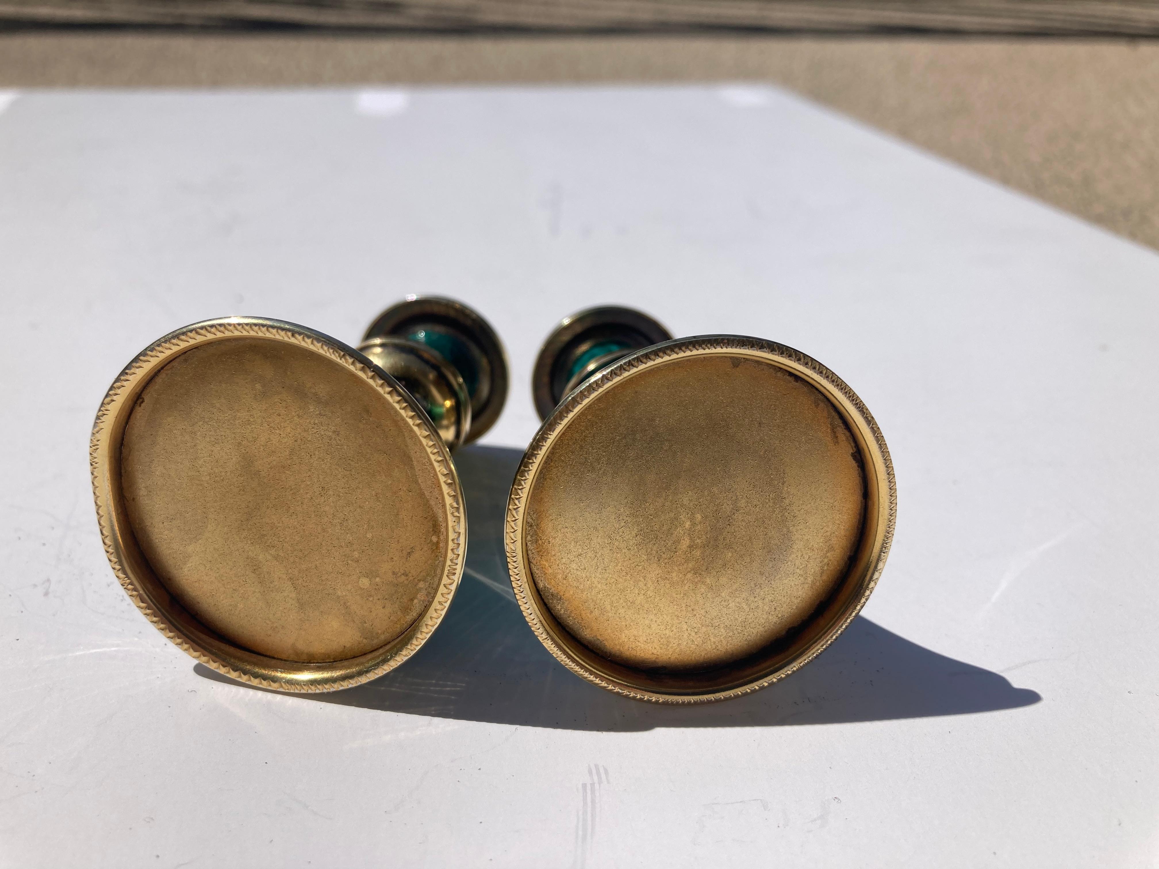 Hand-Crafted Sterling silver pair gilded and enamel green guilloche candlesticks marked 925. For Sale