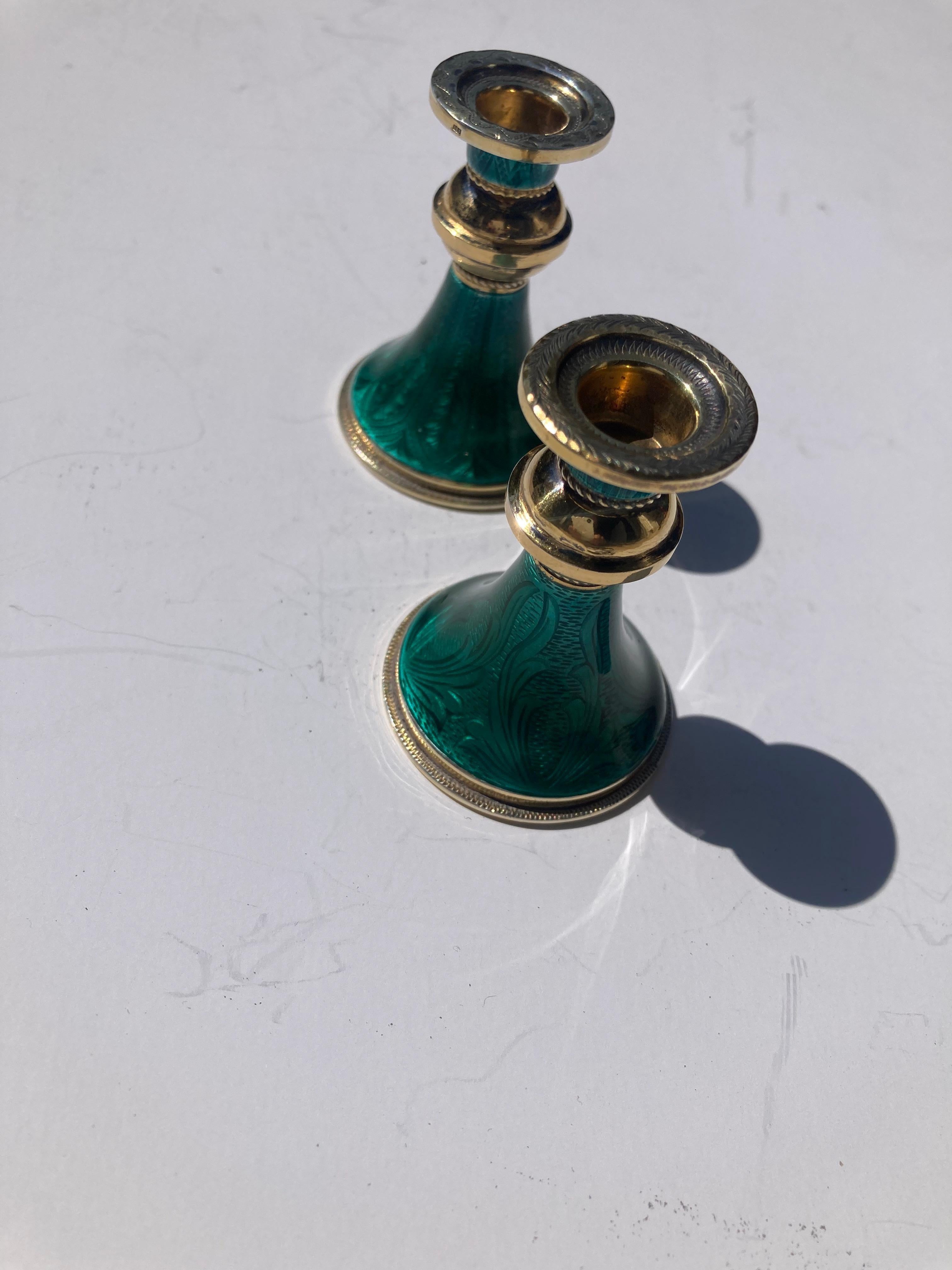 Sterling silver pair gilded and enamel green guilloche candlesticks marked 925. In Good Condition For Sale In Los Angeles, CA