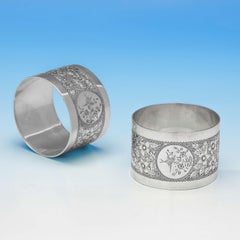 Antique Aesthetic Design Pair of Sterling Silver Napkin Rings, London, 1889