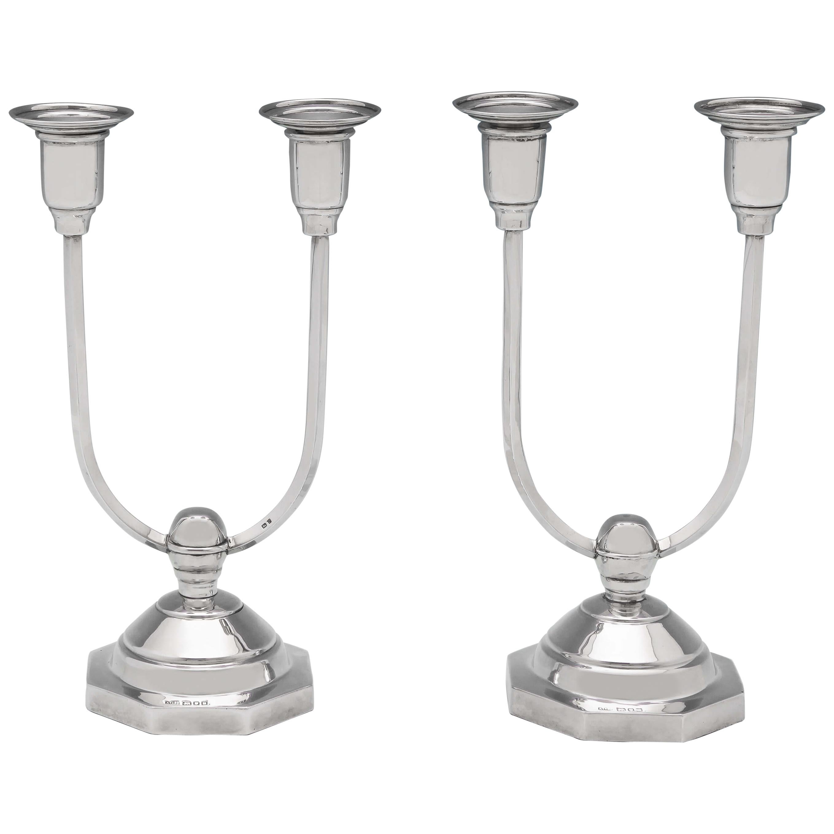 Art Deco Design Sterling Silver Pair of 2 Light Candelabra from London 1946