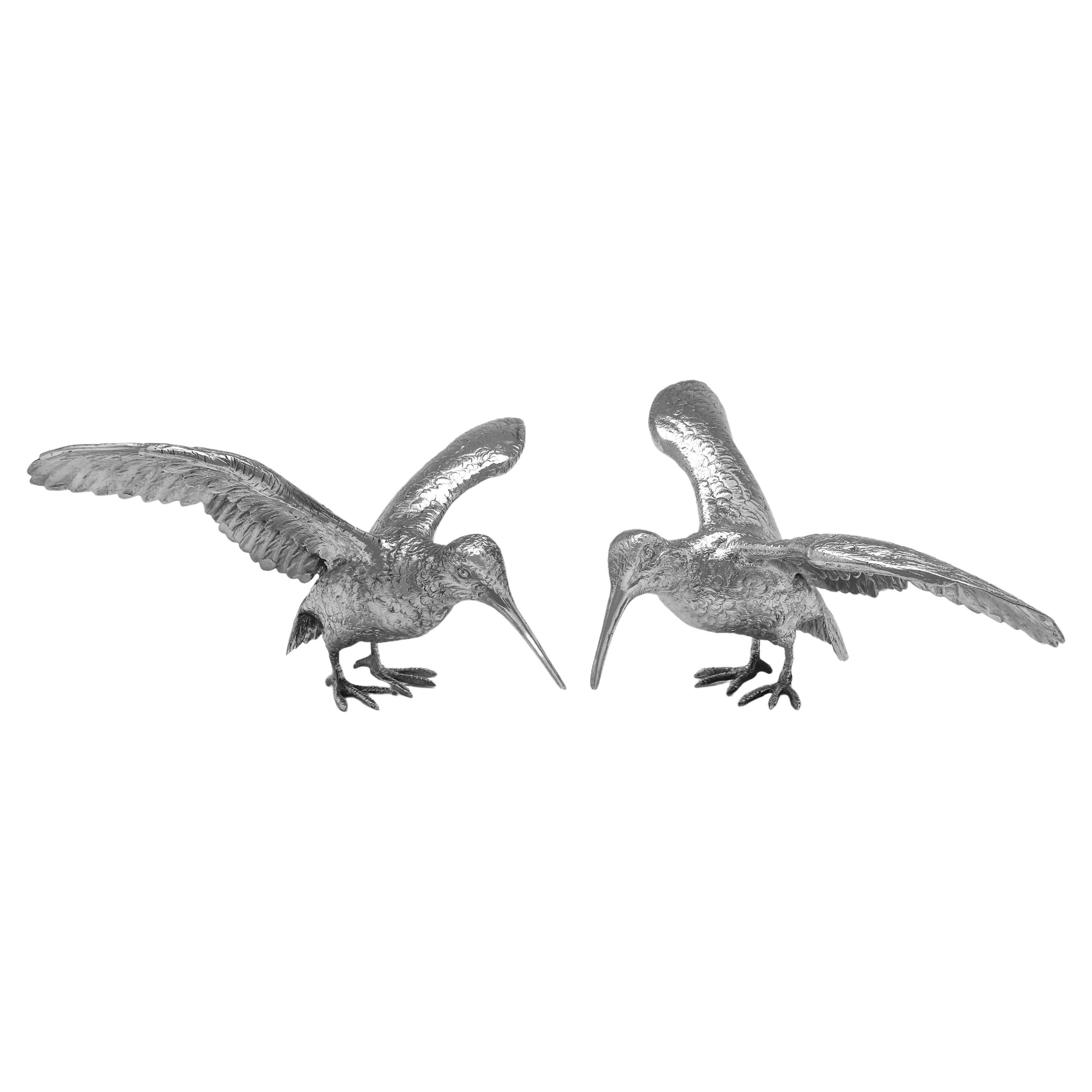 Sterling Silver Pair of Bird Sculptures, Snipe, London 1966 For Sale