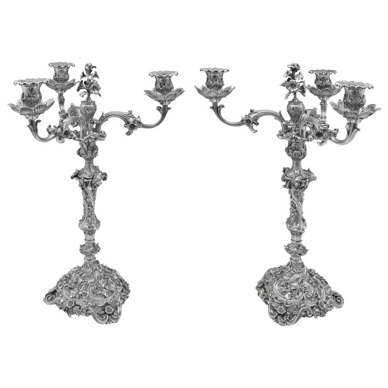 Rococo Revival Cast Antique Sterling Silver Pair Of Candelabra Weighing 250ozt For Sale
