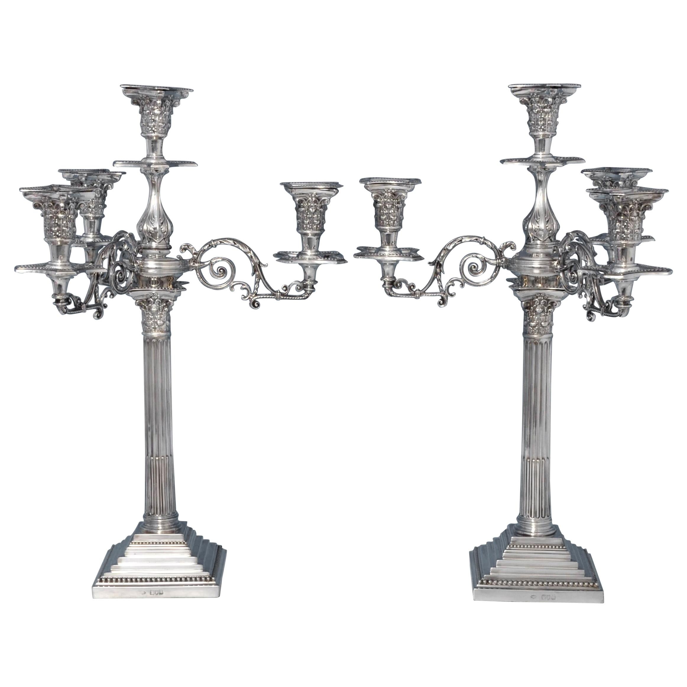 Corinthian Column Antique Four Light Pair Of Sterling Silver Candelabra