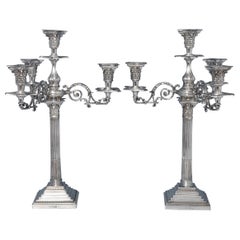 Corinthian Column Antique Four Light Pair Of Sterling Silver Candelabra 